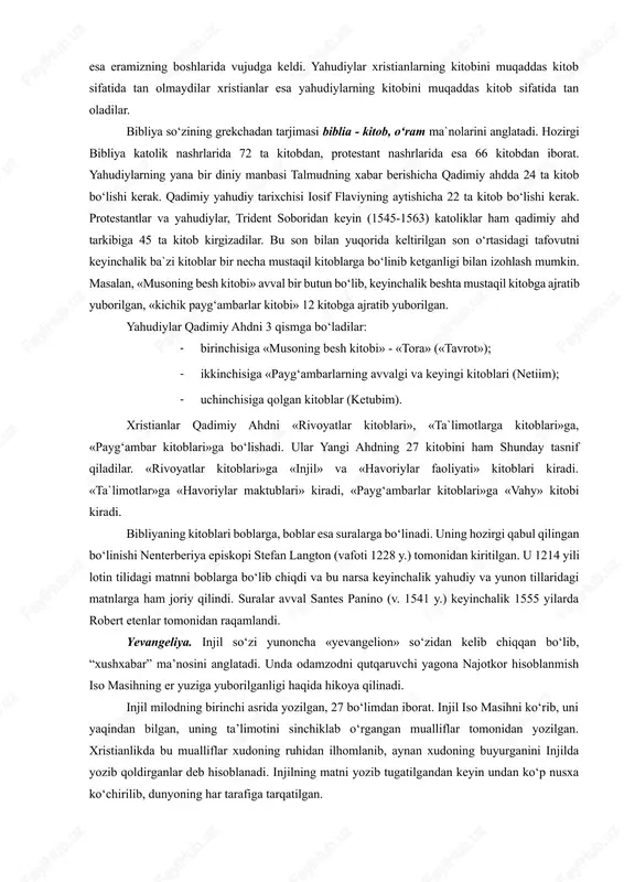 g tirilishiga, shundan so'ng savob egalariga mangu rohat-farog'at ko'rish, gunohkorlarga doimiy azob-uqubat tortish davri kelishiga ishonishni buyuradi. diniy g'oyalar tarkib topishi bilan bir qatorda xristian ibodat marosimlari ham shakllanib borgan. xristian marosimchilining eng muhim elementlari sirli ibodat (tainstvo) deb yuritiladi. bular qatoriga cho'qintirish (suvga sho'ng'itib olish), miropomozaniye (cho'qintirilgan kimsaga xushbo'y qatron-miropa surtilgach, «muqaddas ruh»ning huzur-halovati unga o'tishi); yevxaristiya yoki prichisheniye (non va vinoni isoning tanasi va qoni deb tasavvur etgan holda iste'mol qilish), tavba qilish(dindorning ruhoniy vositasida xudodan kechirim so'rashi va o'z gunohlarini unga aytib berishi), nikoh, ruhoniylikka fotixa berish, soborlashtirish, ya'ni bemoni muqaddaslashtirilgan zaytun moyi – yelega bo'yash kabilar kiradi. xristianlikning bosh ibodati liturgiya (obednya, messa) bo'lib, u har xil afsungarliklar, mo'zika chalish, ashula aytish, «muqaddas» yozuvlarni o'qish, qad bukib ta'zim bajo keltirish, sham va chiroqlarni yondirish, xushbo'y narsalarni chekish bilan qo'shib olib boriladigan diniy amallardan biri. «muqaddas uchlik»ning har birini, bibi maryamni ulug'lash «xudoga xush kelgan avliyolarga», xudo …
