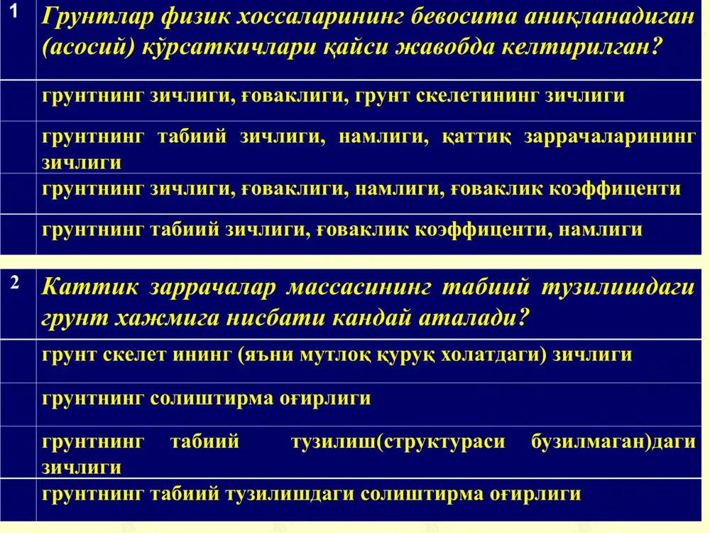 z molekulalari bilan erkin harakat qiladi. harorat kamayishi yoki qattiq zarrachalarning elektr zaryadi ta'sirida bug' zichlashib, suvga aylanishi mumkin. fizikadan ma'lumki, suv ta'sirida bo'lgan grunt zarrachalarining sirti ko'pincha manfiy elektr zaryadiga ega bo'ladi. buning natijasida suv molekulari va suvda erigan har xil moddalarning musbat zaryadli ionlari qattiq zarracha sirti bo'ylab tortilib, elektromolekulyar bog'langan suv qatlamini hosil qiladi (1.2-rasm). zarracha va suv molekulalari orasidagi elektromolekulyar tortishish kuchi uning sirtida 1000 mpa ga yaqin bo'lib, bu sirtdan uzoqlashgan sayin, bog'lanish kuchlari keskin kamayib boradi va ma'lum masofada nolga teng bo'ladi. bog'langan suv miqdori zarrachalarning mineralogik tarkibi va solishtirma yuzasiga bevosita bog'liqdir. elektromolekulyar bog'langan suv shartli ravishda mustahkam va g'ovak (kuchsiz) bog'langan turlarga bo'linadi. zarracha sirtidagi bir yoki bir necha suv molekulalari qatlamidan tashkil topgan mustahkam bog'langan suvning xossalari qattiq jismlarnikiga o'xshash bo'lib, uning zichligi 2,4 g/sm3 ga yaqin, bu suv elastiklikka va siljishga mustahkamlikka ega. 1.2 – rasm. qattiq zarrachalar sirti bo'ylab …