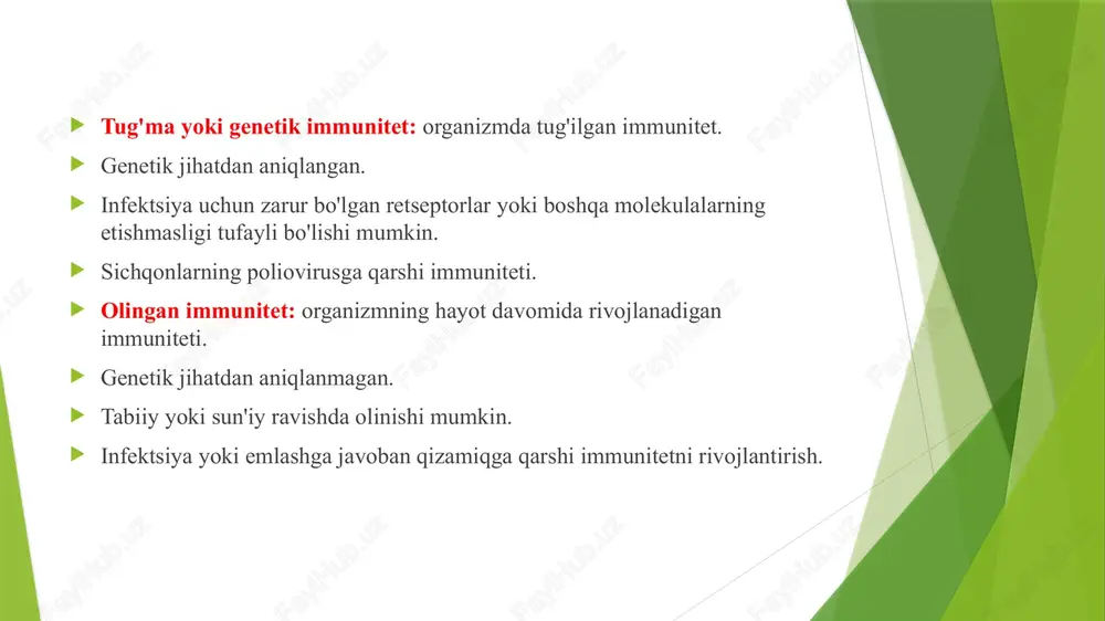 yoki polisaxaridlar bilan birlashganda antigen hisoblanadi. molekulyar og'irligi 10 000 yoki undan yuqori. epitop: antitana bilan o'zaro ta'sir qiluvchi antigenning kichik qismi. har qanday antigen bir nechta epitoplarga ega bo'lishi mumkin. har bir epitop boshqa antitana tomonidan tan olinadi. antigenlar epitoplar: antitanalar bilan o'zaro ta'sir qiluvchi antigen hududlari antitanalar juda yuqori o'ziga xoslik bilan ma'lum bir antigenni taniydigan va bog'laydigan oqsillar. antigen ta'siriga javoban qilingan. bitta virus yoki mikrobda turli antitanalar bog'lanishi mumkin bo'lgan bir nechta antigenik determinant joylari bo'lishi mumkin. har bir antitanada antigenni bog'laydigan kamida ikkita bir xil joy mavjud: antigen bog'lash joylari. antitananing valentligi: antigenni bog'lash joylari soni. ko'pchilik ikki valentli. immunoglobulinlar (igs) deb ataladigan zardob oqsillari guruhiga kiradi. antitana tuzilishi monomer: to'rtta protein zanjiriga ega bo'lgan moslashuvchan y shaklidagi molekula: 2 ta bir xil yengil zanjir 2 ta bir xil og'ir zanjir o'zgaruvchan hududlar: y ning qo'llarining oxirida ikkita bo'lim. antigen bog'lash joylarini (fab) o'z ichiga …