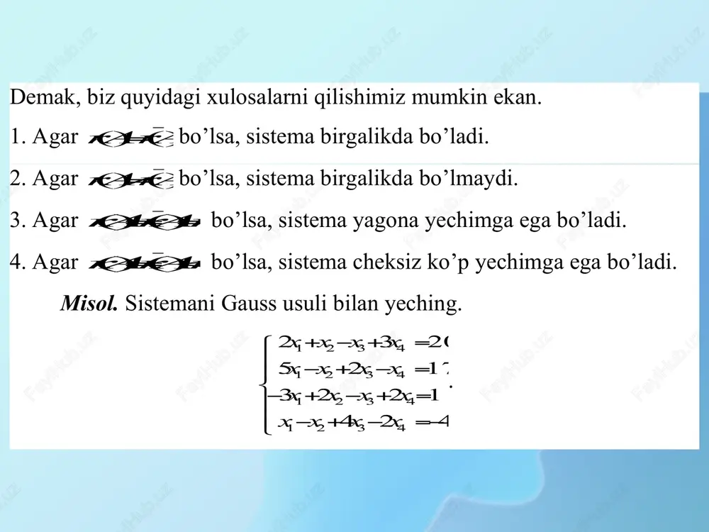 n k n k n k i k k n i ik k ik i x x x a x a p 1 1 1 1 1 1 1 ekanligi kelib chiqadi, bu esa qarama - qarshilikdir. demak, i i x p  tengsizlik o’rniga i i x p  tenglik o’rinli bo’lishi kelib chiqadi. iqtisodiy nuqtai nazar dan bu tushunarli holatdir, chunki mamlakatlarni ng barchasi bir paytda foyda ko’rolmaydi. mamlakatlar milliy daromadi uchun                n x x x x  2 1 vektorni kiritsak u holda i i x p  , ya’ni     n k i k ik n i x x a 1 , 1 , tengliklardan quyidagi tenglamani hosil qilamiz:    , ya’ni, qaralayotgan masala a matritsanin g 1   xos soniga mos keladigan xos vektorini …