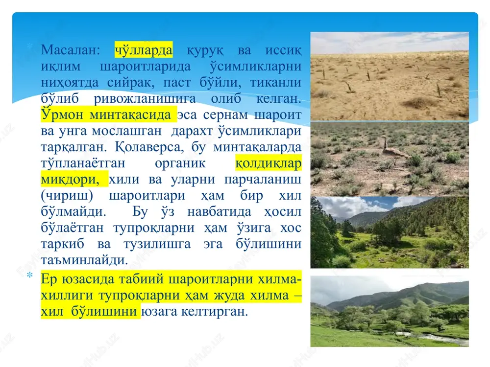 ika bo'yicha eng og'ir holatdadir. qoraqalpog'iston respublikasidagi 15 ta tumanning barchasida sug'oriladigan tuproqlar turli darajada sho'rlangan. sug'oriladigan o'tloqi-taqir tuproqlar: haydalma qatlam 25-30 sm qalinlikda bo'lib, mexanik tarkibiga ko'ra og'ir, o'rta va engil qumoqli, gumus miqdori 0,9-1,0%, azot 0,04-0,05% tashkil etadi, quyi qatlamlarga borib 0,5-0,7% gacha kamayadi. karbonatlar 7,0-8,0%, gips 0,1-0,8% ni tashkil etadi, ayrim kuchli sho'rlangan gorizontlarda 1,5-4,6% gacha. tuproqlar asosan, o'rtacha va kuchli sho'rlangan. o'zbekiston tuproqlari sug'oriladigan taqir-o'tloqi tuproqlar: 27-30 sm haydalma qatlamdan iborat bo'lib, mexanik tarkibiga ko'ra og'ir va o'rta qumoqli, ayrim joylarda engil qumoq va qumloqli, gumus miqdori engil qumoqlarda 0,4-0,6%, og'ir qumoqlarda 0,7-1,0% gacha oshib boradi. azot 0,03-0,07%, karbonatlar (so2 ) 6,6-8,1% oralig'ida tebranib turadi. tuproqlar kuchsiz va o'rtacha darajada sho'rlangan. sug'oriladigan o'tloqi-allyuvial tuproqlar: mexanik tarkibiga ko'ra og'ir qumoqdan qumloqqacha uchraydi, u juda yuqori zichlashganligi va dag'al serkesak strukturali, gumus miqdori 0,5-0,8% dan 1,1-1,5% gacha o'zgarib turadi. azot 0,01-0,09%, karbonatlar 6,3-8,3% gacha o'zgarib turadi. gips 0,1-0,5%, …
