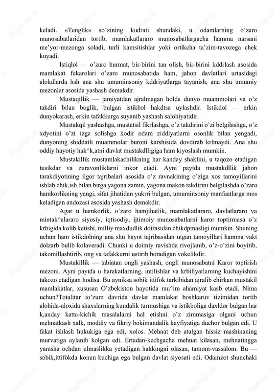 lom abdug'anievich karimov uchun 8.514136 kishi yoki ovoz berishda qatnashganlarning 86 foizi ovoz berdi. markaziy saylov komissiyasi saylov yakunlarini ko’rib chiqib, i.a.karimovni 1991 yil 29 dekabrdan o’zbekiston respublikasining prezidenti lavozimiga saylangan, deb xisoblashga qaror qildi. o’zbekiston respublikasi oliy kengashining 1992 yil yanvarda bo’lgan navbatdan tashqari ix sessiyasida prezident islom karimov qasamyod qildi : «o’zbekiston respublikasi prezidenti lavozimini bajarishga kirishar ekanman, respublikamiz xalqlariga sadoqat bilan xizmat qilishga, fuqarolarning huquq va erkinliklariga kafolat berishga, o’zbekiston respublikasi konstitutsiyasiga qat'iy rioya etishga, zimmamga yuklangan yuksak vazifalarni vijdonan bajarishga qasamyod qilaman». islom karimov o’zbekiston respublikasining umumxalq tomonidan saylangan birinchi prezidentidir. mustaqillik oson va oʼz-oʼzidan qoʼlga kiritilmagan. respublikada vujudga kelgan oʼta murakkab va fojiali sharoit, oʼzini yoʼqotmasdan, bosiqlik, chidam va bardosh bilan ish tutish, qatʼiy siѐsiy irodani namoѐn etish, mamlakatni chuqur tanazzuldan olib chiqishga qaratilgan, har tomonlama puxta oʼylangan strategiyani ishlab chiqish va uni amalga oshirish uchun jamiyatning barcha sogʼlom kuchlarini safarbar etadigan yangi rahbar shaxsni …