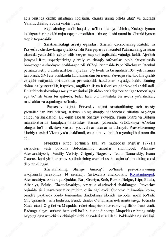 a oshdi. 325-yili tarixda birinchi marta rim imperatori lisiniya imperiya hududidagi xristian jamoalarini o‘zaro kelishtirish va tartibga solish maqsadida nikey shahrida i butun olam xristian soborini chaqirdi. 381-yili konstantinopolda ii butun olam xristian sobori bo‘lib o‘tdi. bu soborlarda xristianlik ta’limotining asoslari qabul qilindi va bu asoslar 12 qismda ifodalandi. birinchi qismda olamni yaratgan xudo haqida so‘z yuritiladi. ikkinchi qismda xudoning o‘g‘li iusus xristosga iymon keltirish haqida so‘z boradi. uchinchi qismda ilohiy mujassamlashuv haqida so‘z yuritilib, unga ko‘ra, iso xudo bo‘la turib, bokira bibi maryamdan tug‘ilgan va inson qiyofasiga kirgan. to‘rtinchi qismda isoning azob-uqubatlari va o‘limi haqida so‘z ketadi. bu gunohlarning kechirilishi haqidagi aqidadir. bunda isoning tortgan azoblari va o‘limi tufayli xudo tomonidan insoniyatning barcha gunohlari kechiriladi deb e’tiqod qilinadi. beshinchi qismda isoning xochga mixlanganidan so‘ng uch kun o‘tib qayta tirilganligi haqidagi aqida keladi. oltinchi qismda isoning meroji haqida so‘z yuritiladi. yettinchi qismda isoning nuzuli (ikkinchi marotaba yerga qaytishi) haqida so‘z …