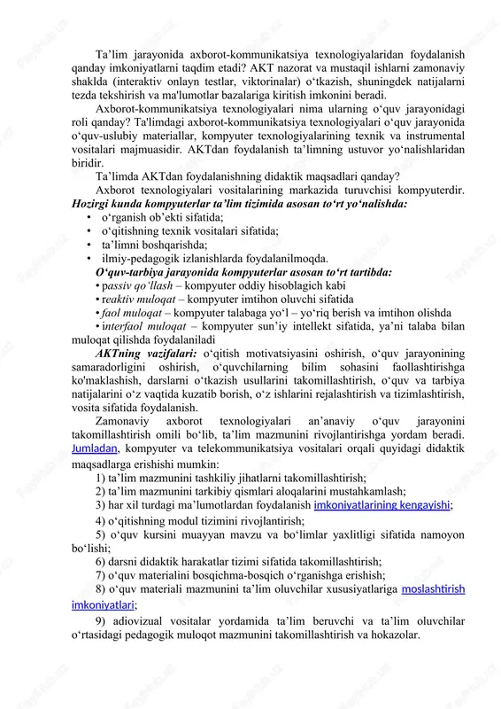 salari bir-biriga o‘xshashdir har bir ta’lim muassasasi o‘sishga intiladi 8 aniq qo‘yilgan o‘qituvchi o‘qituvchini tanlash imkoniyati elektron pedagogika fani bo‘yicha shakllantirish lozim bo‘lgan tushuncha, bilim, malaka va ko‘nikmalar: · axborotlarni saqlash, qayta ishlash, tarqatish va namoyish qilish tamoyillarini bilish · ta’lim jarayonida kompyuter va kommunikasiya texnologiyalaridan foydalanish metodologiyasini bilish · fan sohasida ilmiy izlanishlarning dasturiy ta’minotidan foydalanish · kompyuter va kommunikasiya vositalari, ularning xarakteristikalarini bilish · dasturiy ta’minotning asosiy turlarini bilish va ulardan foydalanish · ta’lim jarayonida amaliy masalalarni yechishda axborot texnologiyalarini qo‘llash · ta’lim jarayoni va ilmiy izlanishlarida internetdan foydalanish · fanlardan maxsus taqdimotlar va elektron resurslar tayyorlash vositalaridan foydalanish · masofaviy ta’lim elektron o‘quv-metodik bazasini yaratish va undan foydalanish axborot – kommunikasiya texnologiyalari va ularni ta’lim jarayonida qo‘llashning didaktik imkoniyatlari. ta’limda axborot-kommunikatsiya texnologiyalari nima? axborot-kommunikatsiya texnologiyalari-foydalanuvchilar manfaati uchun ma'lumotlarni to‘plash, qayta ishlash, saqlash, tarqatish, namoyish qilish va ulardan foydalanish maqsadida birlashtirilgan usullar, jarayonlar va dasturiy-texnik vositalar to‘plami. ta’lim …