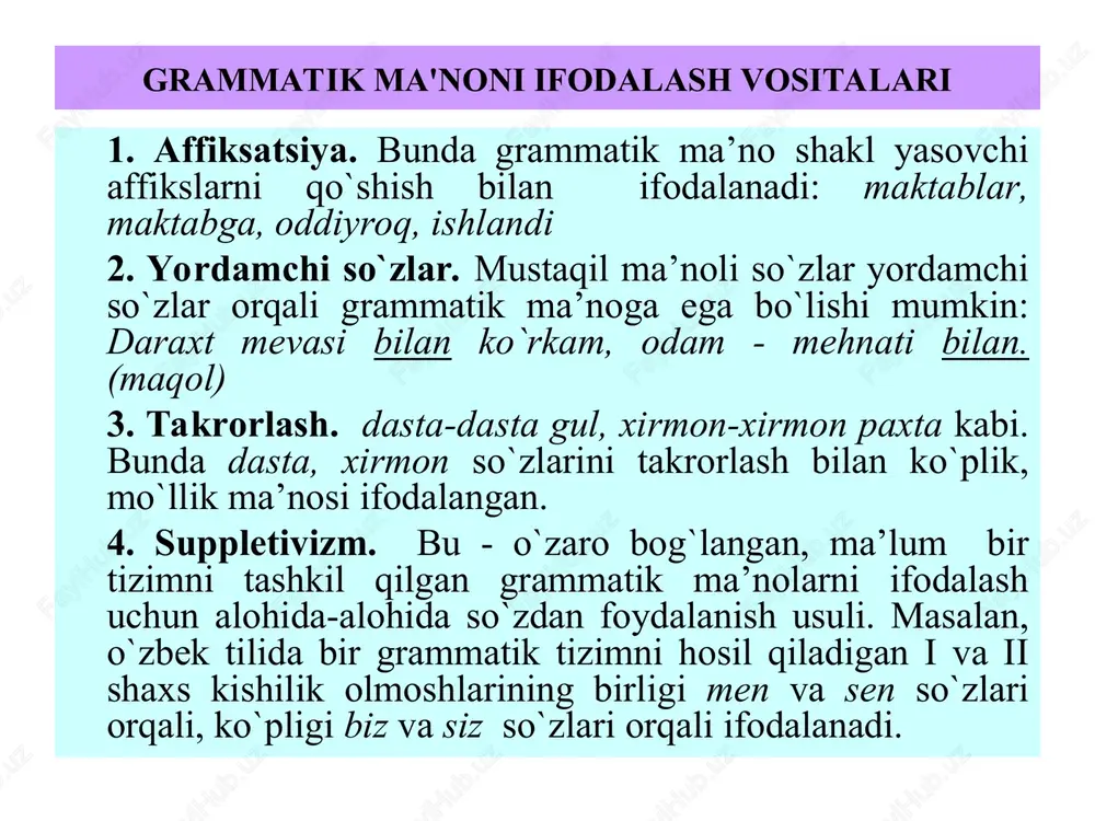 ka bilan yozish mumkin. 2. nahot, axir, bu kajava to oxir zamon bo'lguncha, yer oftob atrofida kezib charchaguncha evriladi, nahot aylanaveradi qonli charx? so’z turkumlarining xususiyatlari lug’aviy ma’noga ega morfologik jihatdan o’zgaradi gap bo’lagi vazifasini bajaradi mustaqil so’zlar + + + yordamchi so’zlar - - - alohida guruh so’zlar - - + mustaqil soz turkumlari ot son sifat olmosh ravish fe’l yordamchi so’z turkumlari yordamchi so’z turkumlari ko’makchi bog’lovchi yuklama so’zlarni tobe qilib bog’laydi so’zlarni teng va tobe qilib bog’laydi so’zlarga qo’shimcha ma’nolar yuklaydi alohida guruh so’zlar alohida guruh so’zlar modal so’zlar undov so’zlar taqlid so’zlar fikrga munosabat ifodalaydi turli his-tuyg’u, buyruq-xitob ifodalyd harakat, holatga taqlidni ifodlaydi uyga vazifa 1. ma’ruzani o`qib kelish. 2.mavzuga tegishli mashqlarni bajarish. 3. mavzuga tegishli ltqni to`ldirish. mashqni bajarish namunasi: 1. gapdagi so‘zlarning grammatik ma’nolarini aniqlab yozing: 1) turkumi; 2) gapdagi vazifasi; 3) grammatik manoni ifodalash vositasi; 4) gr. ma’noni ifodalash usuli. aql bozorda sotilmas. …
