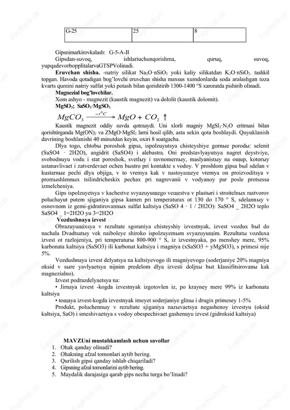 togo, chtobi poroshok gipsa, ispolzuyutsya chisteyshiye gornie porodi: selenit (saso4 · 2h2o), angidrit (saso4) i alebastra. oni predstavlyayutsya nagret deystviye, svobodnuyu vodu i stat poroshok, svetliy i ravnomerniy, maslyanistiy na oshup, kotoriy ustanavlivaet i zatverdevaet ochen bistro pri kontakte s vodoy. v proshlom gipsa bil sdelan v kustarnie pechi dlya objiga, v to vremya kak v nastoyasheye vremya on proizvoditsya v promishlennix tsilindricheskix pechax pri nagrevanii v vodyanoy par posle protsessa izmelcheniya. gips ispolzuyetsya v kachestve svyazuyushego veshestva v plastiri i stroitelnix rastvorov poluchayut putem sjiganiya gipsa kamen pri temperaturax ot 130 do 170 ° s, sdelanniy v osnovnom iz gemi-gidratirovannix sulfat kaltsiya (saso 4 · 1 / 2h2o): saso4 _ 2h2o teplo saso4 _ 1=2h2o yu 3=2h2o vozdushnaya izvest obrazuyushixsya v rezultate sgoraniya chisteyshiy izvestnyak, izvest vozdux bil do nachala dvadtsatiy vek naiboleye shiroko ispolzuyemim svyazuyushim. rezultati vozduxa izvest ot razlojeniya, pri temperaturi 800-900 ° s, iz izvestnyaka, po …