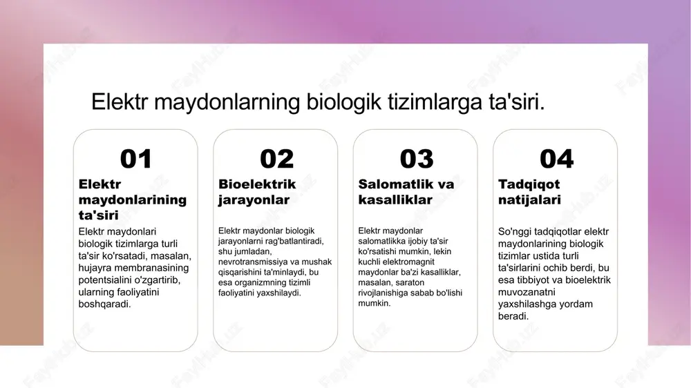 ta'minlashda muhim rol o'ynaydi. 2 tadqiqot natijalari - so'nggi tadqiqotlar elektr energiyasining biologik tizimlarga ta'siri haqida muhim natijalarni ko'rsatmoqda, jumladan, hujayra regeneratsiyasini tezlashtiradi. 3 salomatlik va xavflar - elektr maydonlarining uzoq muddatli ta'siri salomatlikka ijobiy va salbiy ta'sir ko'rsatishi mumkin, bu esa ehtiyotkorlik bilan o'rganilishi zarur. tirik organizmlar va bioelektrik muvozanat: salomatlikka ta'siri. 1 tirik organizmlarda muvozanat tirik organizmlar bioelektrik muvozanatni saqlash orqali ichki jarayonlarni boshqaradi, bu esa hujayra faoliyatini va umumiy salomatlikni ta'minlaydi. 2 bioelektrik energiya bioelektrik energiya tirik organizmlarda muvozanatni saqlashda muhim rol o'ynaydi, u nerv tizimining va mushak faoliyatining tugagan energiya manbai hisoblanadi. 3 salomatlikka ta'siri bioelektrik muvozanatning buzilishi turli kasalliklar va sog'liq muammolariga olib kelishi mumkin, shuning uchun uning o'rganilishi zaruriy hisoblanadi. elektr maydonlarining tirik organizmlardagi fiziologik o'zgarishlarga ta'siri. 1 elektr maydonlarining ta'siri elektr maydonlarining tirik organizmlarga ta'siri biologik jarayonlarni boshqarishda muhim rol o'ynaydi, bu jarayonlar hujayra faoliyatiga ta'sir ko'rsatadi. 2 fiziologik o'zgarishlar elektr maydonlar tirik …