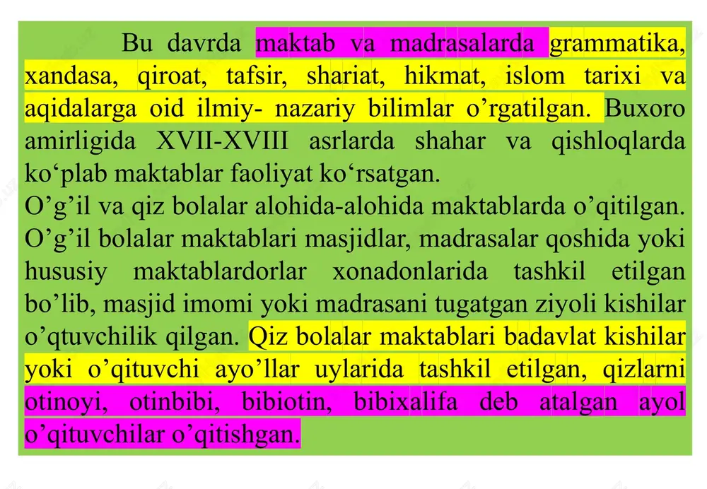 r qaratilgan. o’qimishli, ma’rifatli, ziyoli ayollar tomonidan ko’plab maktablar tashkil etilgan va u otinlar maktabi deb nomlangan. markaziy osiyoda otinlar maktabining asoschilaridan, ayollar ta’limida katta xizmat qilgan, o’ziga xos maktab yaratib shuhrat qozongan otinlardan biri jahon otin uvaysiy (1779-1845) hisoblanadi. jahon otin uvaysiy marg’ilon shahar childuxtaron mahallasida, farg’ona tumani, arsun qishlog’ida 1780 yilda tug’ilgan. uning otasi qaynar devona yoki devonai qalandar deb yuritilgan. (uning ismini siddiqbobo deb ataganlar). onasining ismi chinnibibi edi. ularning uvaysiydan tashqari oxunjon hofiz degan o’g’li ham bor edi. uvaysiy oilasi o’z davrining ilg’or va marifatli oilalaridan edi. otasi kosibchilik qilgan, onasi esa savodli ayol bo’lib, maktabdorlik qilgan va mahalla ahli qizlarini o’qitgan. u 1796 -97 yillarda onasi otinlik qilgan xususiy maktabda dastlab xalfalik va keyinchalik mustaqil ravishda otinlik qilgan. uvaysiy o’z maktabida qizlarga boshlang’ich ta’lim berar ekan, jahon otin ularning zehnini o’stirishga katta ahamiyat beradi. otin o’z shogirdlariga savod o’rgatibgina qolmay, ular orasidan iqtidorli qizlarni tanlab …