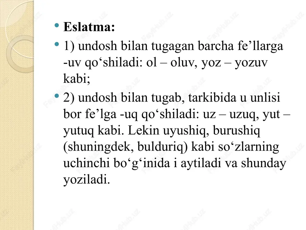 bilan tugagan so‘zlarga qo‘shilganda bu qo‘shimchalarning bosh tovushi q aytiladi va shunday yoziladi: chopiqqa, qishloqqacha, yoqqach, chiqquncha, chiniqqani, qo‘rqqudek, achchiqqina kabi; v) qolgan barcha hollarda, so‘z qanday tovush bilan tugashidan va bu qo‘shimchalarning bosh tovushi k yoki q aytilishidan qat’i nazar, g yoziladi: bargga, pedagogga, bog‘ga, sog‘ga, og‘gan, sig‘guncha kabi. e’tiboringiz uchun rahmat!