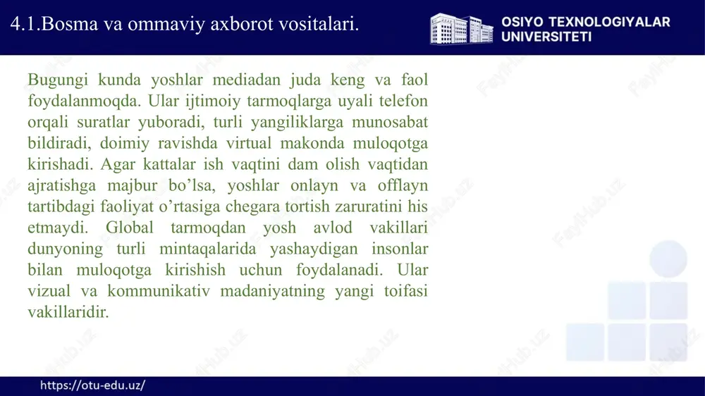 idagi ma’lumotlar uzatish bilan shug’ullana boshlaydi. reuters asosan moliyaviy yangiliklarga ixtisoslashgan saytga aylanadi. 4.4.reuters yangiliklar agentligi angliya va fransiya o’rtasidagi yangiliklar oqimini tezlashtirish maqsadida parij va london o’rtasida dengiz ostidan telegraf liniyasi yotqiziladi. keyinchalik butun yevropa bo’ylab agentlik filiallari ochiladi. axborot inqilobining hosilasini juda katta axborotni qayta ishlash, xohlagan mamlakat kutubxonasida saqlanayotgan kitoblardan foydalanish imkoniyatining mavjudligida ham ko’rish mumkin. radio, televidenie, internet eng so’nggi ilmiy yangiliklarni qisqa vaqtda butun dunyoga ma’lum qilish, ilm-fan, madaniyat, adabiyot va san’at yutuqlaridan har bir odam foydalana olishiga zamin yaratmoqda 4.4.reuters yangiliklar agentligi reuters tarixi va ta'siri: asoslanishi: reuters germaniyada faoliyat boshlaganidan so'ng, londonga ko'chib o'zining telegraf xizmati orqali moliyaviy axborotlarni tezkor yetkazib berishga ixtisoslashdi. axborot resursi: agentlik bugungi kunda 2500 dan ortiq jurnalist va tahlilchini birlashtiradi. u siyosiy, iqtisodiy va madaniy voqealarni yoritadi. mediaga ta'siri: reuters axborotlaridan turli ommaviy axborot vositalari, jumladan, gazeta, televideniye, radio va onlayn platformalar foydalanadi. 4.4.reuters yangiliklar agentligi. e’tiboringiz uchun …