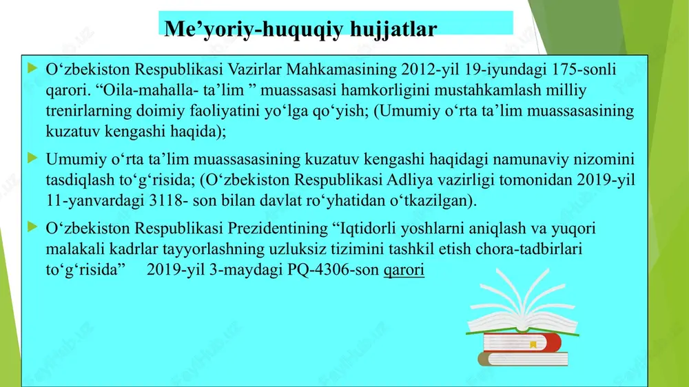 asalalar ko‘rib chiqilishi mumkin. ota-onalar va o‘qituvchilar o‘rtasidagi hamkorlik ota-onalar va o‘qituvchilar o‘rtasida muntazam ravishda uchrashuvlar va suhbatlar o‘tkazilishi ta’lim jarayonining samaradorligini oshiradi. ota-onalar o‘z farzandlarining o‘qish jarayonida duch kelayotgan qiyinchiliklar va muvaffaqiyatlar haqida ma’lumot olib, o‘qituvchilar bilan birgalikda muammolarni hal qilishga yordam beradi. maktab tadbirlarida ota-onalarning ishtiroki maktabda o‘tkaziladigan tadbirlarda ota-onalarning faol ishtiroki hamkorlikni kuchaytiradi va maktab jamoasini birlashtiradi. masalan, maktabda sport musobaqalari, madaniy tadbirlar, fan olimpiadalari kabi tadbirlar o‘tkazilganda ota-onalar ham faol ishtirok etib, o‘z farzandlarini qo‘llab-quvvatlaydi. bu esa o‘quvchilarning motivatsiyasini oshiradi va ular orasida raqobat ruhini shakllantiradi. ota-onalar, o‘qituvchilar va maktab ma’muriyati o‘rtasida samarali hamkorlik o‘rnatilgan taqdirda, ta’lim sifati oshadi va o‘quvchilarning bilim darajasi yuqori bo‘ladi. bu esa o‘z navbatida jamiyatning rivojlanishiga katta hissa qo‘shadi. t/r muammo muammoning yechimini amalga oshirish mexanizmi mas’ullar muddati natija 1 ota-onalar ishtirokini oshirish zarurati 1. ota-onalar uchun muntazam uchrashuvlar tashkil etish maktab ma’muriyati, sinf rahbarlari har oyda ota-onalar maktab hayotida faolroq …
