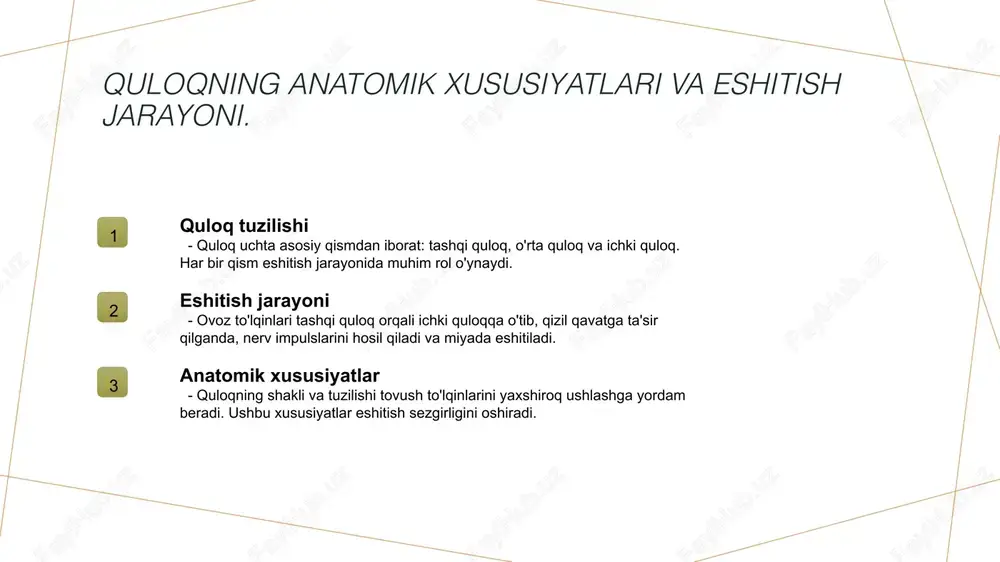 licha bo'lib, ayrimlar past intensivlik va chastotaga yaxshi javob berishi mumkin. eshitish sezgirligini o'lchashda foydalaniladigan texnologiyalar. 01 audiometriya audiometriya, quloqning eshitish sezgirligini o'lchash uchun keng tarqalgan usul bo'lib, ovoz intensivligi va chastotasini aniqlashga yordam beradi. 02 tizimlar va usullar zamonaviy eshitish o'lchovlari turli tizimlar va usullardan foydalanadi, jumladan, kompyuter tizimlari va avtomatlashtirilgan audiometriya uskunalari. 03 innovatsion texnologiyalar innovatsion texnologiyalar, masalan, mobil ilovalar va portativ qurilmalar, quloqning eshitish sezgirligini tez va aniq o'lchash imkonini beradi. klinik amaliyotda eshitish sezgirligini baholash usullari. audiometrik testlar audiometrik testlar, eshitish sezgirligini aniqlashda keng qo'llaniladi. bu testlar tovushning intensivligi va chastotasini o'lchaydi. ovozli testlar ovozli testlar, bemorlarning tovushlarni eshitish qobiliyatini baholaydi. ushbu metodda turli balandlikdagi tovushlar ta'sir etadi. klinik baholash klinik baholash usullari, eshitish tizimining umumiy holatini tahlil qilish uchun muhimdir. bu jarayon shifokorlar tomonidan o'tkaziladi va aniq natijalar beradi. eshitish sezgirligi o'lchovlarining natijalari va tahlili. 01 eshitish sezgirligi tahlili eshitish sezgirligini o'lchash natijalari, odamlarning ovozlarni …