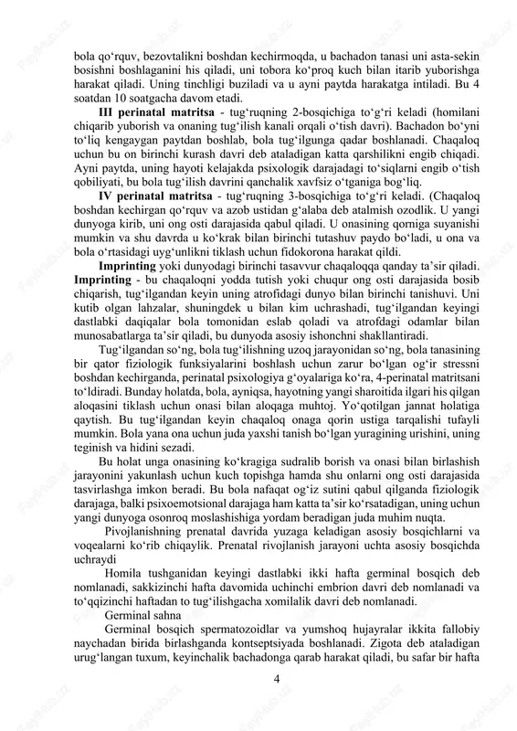 va chaqaloqni to‘g‘ri parvarish qilish bo‘yicha tavsiyalar. 5. bolaning rivojlanishi, uning rivojlanishini kuzatish, o‘z xatti-harakatini tartibga soluvchi maslahat berish, shuningdek onaga to‘g‘ri parvarish bo‘yicha maslahat berish. 6. bolani 1 yildan 3 yilgacha nazorat qilish, ota-onasining maslahati. 7. ona bolangiz bilan muloqot qilishning eng muhim ko‘nikmalarini o‘rgatish, aqliy sog‘lom farzandni tarbiyalashga imkon beradigan ta'lim va hamkorlik usullari. shhuni unutmangki, homiladorlik har qanday ayol hayotida murakkab davr hisoblanadi, albatta, bu uning hayotidagi katta o‘zgarishlar bilan birga keladi. perinatal psixologning faoliyati ayolga uning yangi holatini qabul qilishiga yordam berishga va hayotdagi barcha yangilanishlarga to‘g‘ri munosabatni o‘rgatishga qaratilgan. har bir ayolning hayotida bir vaqtning o‘zida ham baxtiyor, ham hayajonli daqiqalar sodir bo‘ladi. bu homila davri va farzand tug‘ilishi. bu muhim davr tabiatning ajoyib qonuni bilan bog‘liq, ammo ba’zan bunday bosqich bo‘lg‘usi onaning psixologik holatiga qattiq ta’sir qiladi. hayotiga uzoq kutilgan shodlik qo‘rquv va shubhalarsiz kirib kelishi, o‘zini yangi holatda qabul qilish va shunday mas’uliyatli …