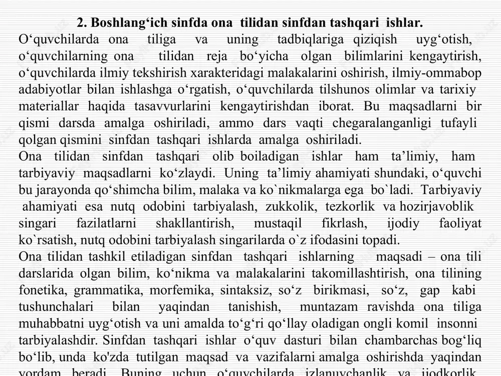 i tashkil etishda to‘garaklardan foydalanish adabiyot va adabiy o‘qish mashg‘ulotlariga aloqador bo‘lgan to‘garaklar asosan 3 turlidir: 1.adabiy-ijodiy to‘garak. 2.drama to‘garagi. 3.ifodali o‘qish to‘garagi. ma’lumki, bu uch to‘garak ham o‘quvchilarning bilim doirasini kengaytiradi, adabiyotdan yanada ko‘proq ma’lumot olishni, o‘z ustida ishlashni talab qiladi, ijodga ilhomlantirish uchun xizmat qiladi. shu sababdan mazkur to‘garaklarning maqsad va vazifalari bir nuqtada birlashadi. to‘garakka o‘quvchilarning qiziqishlariga ko‘ra ixtiyoriy ravishda jalb qilinadi. to‘garak a’zolarining tarkibi har yili ma’lum darajada o‘zgarishi mumkin. o‘qituvchi o‘quv yili boshida to‘garak a’zolarining saviya va yoshlarini e’tiborga olib reja tuzadi va u o‘quv muassasasi rahbariyati tomonidan tasdiqlanashi kerak. to‘garak a’zolari 10-15 kishidan iborat bo‘lishi maqsadga muvofiq. chunki bundan oshib ketsa, o‘qituvchi to‘garak a’zolarining hammasi bilan shug‘ullanishga vaqt etkazolmasligi mumkin. e’tibor qaratilmagan o‘quvchi bu mashg‘ulotdan ko‘ngli to‘lmay, to‘garakdan sovishi mumkin. odatda to‘garak mashg‘ulotlari oyda ikki marotaba o‘tkaziladi. har qanday to‘garakning birinchi mashg‘uloti tashkiliy xarakterda bo‘ladi. unda a’zo bo‘lgan qatnashuvchilar to‘garakning maqsadi, vazifalari, yillik ish …