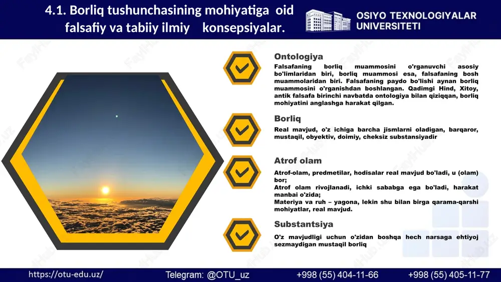 o'zi, "tajriba orqali berilgan hodisa") – zohiriy borliq, ya'ni biluvchi subyekt qanday ko'rishiga bog'liq. inson borlig’i oʻzbekiston respublikasi prezidentining 2019-yil 30-oktyabrdagi “2030-yilgacha boʻlgan davrda oʻzbekiston respublikasining atrof-muhitni muhofaza qilish kontseptsiyasi” xalqaro hamkorlik munosabatlari oʻzbekiston 1993-yildan buyon bmtning iqlim oʻzgarishi toʻgʻrisidagi konvensiyasi a’zosi 1993-yil 18-mayda ozon qatlamini muhofaza qilish vena konventsiyasi 4.4. oʻzbekistonda “yashil makon” umummilliy dasturining tabiatni asrashdagi ahamiyati 2021-yil 30-dekabrdagi “respublikada koʻkalamzorlashtirish ishlarini jadallashtirish “yashil makon” umummilliy loyihasi dasturlarida atrof muhit obʻektlari havo, suv, er, tuproq, er qaʻri, bioxilma-xillik, qoʻriqlanadigan tabiiy hududlar (bmt) 2015-yilda qabul qilingan “barqaror rivojlanish maqsadlari” 4.4. oʻzbekistonda “yashil makon” umummilliy dasturining tabiatni asrashdagi ahamiyati 4.4. oʻzbekistonda “yashil makon” umummilliy dasturining tabiatni asrashdagi ahamiyati ontologiya - borliq falsafasining muammolari borliq va yo'qlik mavjudlik va nomavjudlik tirik tabiat borlig'ining birinchi darajasi tirik tabiat borlig'ning ikkinchi darajasi inson ongi borlig'i mikro elementar zarralar, korpuskulalar, atomlar, elektronlar, protonlar muayyan odamlar borlig'i ijtimoiy borliq ideal borliq ruhsiz jismlar borlig'i: 1. …