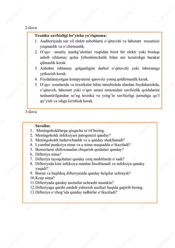 aliga qo’l qo’yish va ishga kirishish kerak. 3-ilova savollar. 1. meningokokklarga qisqacha ta’rif bering. 2. meningokokk infeksiyasi patogenezi qanday? 3. meningokokk tashuvchanlik va u qanday shakllanadi? 4. lyumbal punksiya nima va u nima maqsadda o‘tkaziladi? 5. bemorlarni shifoxonadan chiqarish qoidalari qanday? 6. difteriya nima? 7. difteriya tayoqchalari qanday oziq muhitlarda o‘sadi? 8. difteriyada kim infeksiya manbai hisoblanadi va infeksiya qanday yuqadi? 9. burun va hiqildoq difteriyasida qanday belgilar uchraydi? 10. krup nima? 11. difteriyada qanday asoratlar uchrashi mumkin? 12. difteriyaga qarshi zardob yuborish usullari haqida gapirib bering. 13. difteriya o‘chog‘ida qanday tadbirlar o‘tkaziladi? 4-ilova difteriyaga karshi zardob yuborish kerakli jihozlar: pintset, minzurkali steril stol, akds vaksinasi,lotok, emlash anjomlarini yo’q qilish uchun maxsus zararsizlantirish qutisi; kerakli xom ash’yolar: steril pahta tamponlari 0,75 gr, 1juft qo’lqop, 70%li etil spirt 1,5mlg, shprits 2,0gr 2dona ignasi bilan, suyuq sovun 2mlg, bir marta ishlatiladigan salfetka 40 sm. bajarish algaritmi 1. .ko’llar yuvilib, qo’lqoplar kiyiladi; 2. …