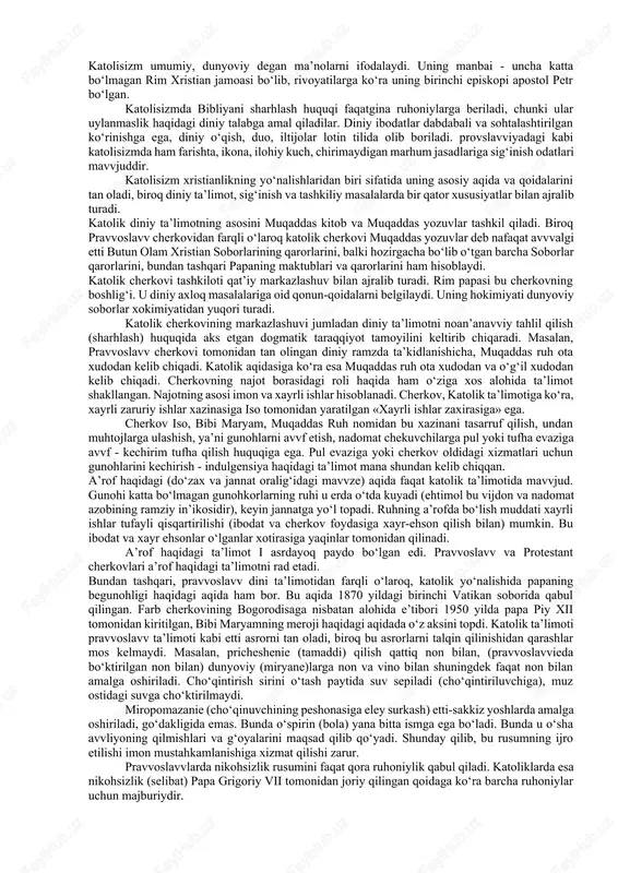 ojizlik qiladigan hodisadir, chunki uning ortida ulug‘ va qudratli yaratuvchining irodasi yashiringan. avvgustinning taqdir haqidagi ta’limotida aytilishicha, xudoga imon keltirgan har bir kishi najot topganlar safidan o‘rin egallashi mumkin. chunki imon taqdir taqozosidir. keyinchalik bu ta’limot xudoning mujassamlanishi yoki isoning ikki xil — odam va xudo mohiyati hamda ―gunohni yuvish, ya’ni isoning o‘zini ixtiyoriy tarzda qurbon kilishi haqidagi talimot bilan mustahkamlanadi. xristianlik ota-xudo, o‘g‘il—xudo va muqaddas ruh— uch yuzlik xudo (tripitiy) to‘g‘risidagi ta’limotni, jannat va do‘zax, oxirat, isoning qaytishi haqidagi va boshqa aqidalarni o‘z ichiga oladi. xristian jamoasining shakllanishi, aqidalarining tartibga solinishi, cherkov munosabatlarining ishlab chiqilishi, diniy tabaqalar tizimining vujudga kelishi milodning iv asri boshlarida, ya’ni 324 yili xristianlik rim imperiyasida davvlat dini deb e’lon qilinganidan so‘ng amalga oshirildi. 325 yili tarihda birinchi marta rim imperatori litsiniya imperiya hududidagi xristian jamoalarini o‘zaro kelishtirish va tartibga solish maqsadida nikeya shahrida 1-butun olam xristian soborini (o‘tkazilgan 21 sobordan birinchisi) chaqirdi. bu soborda …