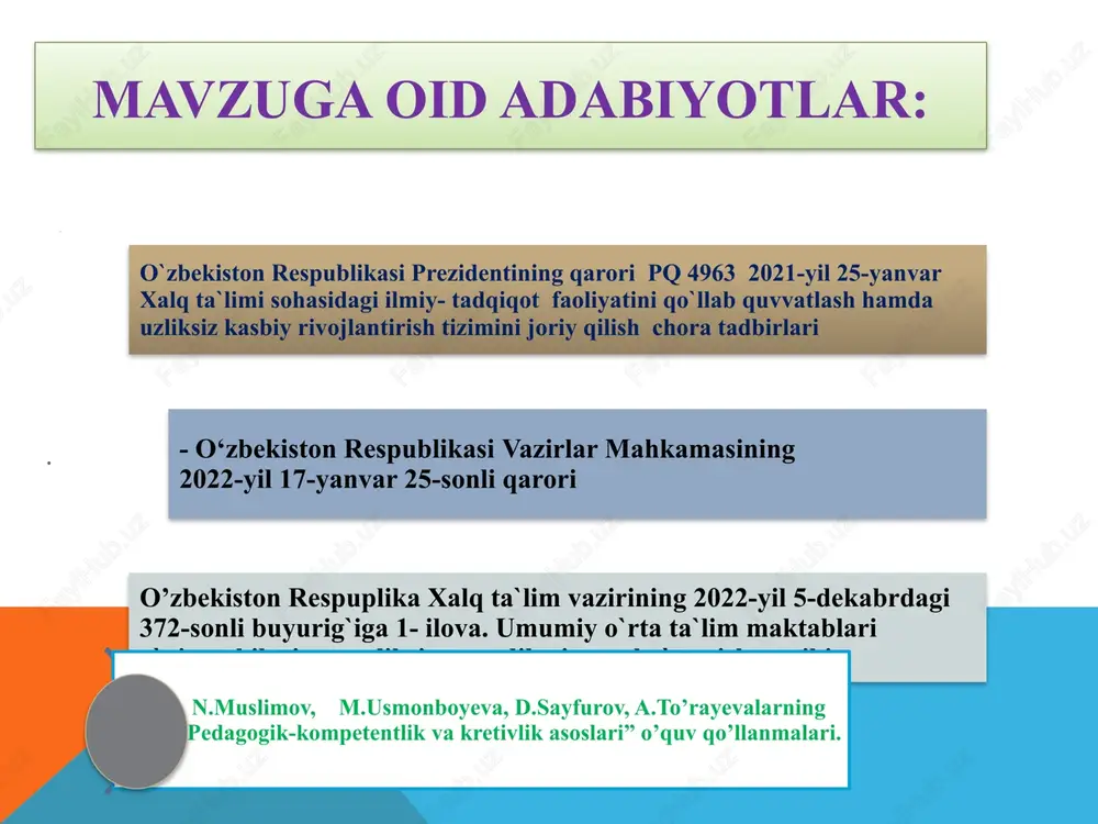 id slayd va video darslarni yaratish ham zarur. har chorak so’ngida o’qituvchilar bilan ishlab, o’z faniga oid mavzularni bo’lib berish va o’qituvchi o’ziga berilgan mavzu yuzasidan, dars tashkil etib, loyiha tuzib taqdimot qilib borishini, metod birlashma ish rejalariga kiritishini nazoratga olish ham juda zarurdir. shuningdek, muntazam ravishda fanga oid yangiliklarni o’rganib borish, o’qituvchilar uchun tashkil etilgan reyting ko’rsatgichini yil davomida nazorat qilish hamda yil so’ngida bo’lib o’tadigan pedogogik kengash taqdimotini o’tkazish bilan birgalikda yuqori natija ko’rsatgan pedagog kadrlarni rag’batlantirib borish kerak. maktabda tashkil etiladigan ma’naviy-marifiy va tarbiyaviy tadbirlarni ham kasbiy rivojlanishda katta ahamiyat kasb etishini, pedagog hodimlar hamda maktab jamoasi o’rtasida tashkil etilishini nazoratga olish, hodimlar o’rtasida o’zaro hamkorlikni keltirib chiqarishni ta’minlash ham samarali usullardan biridir. undan tashqari, yil davomida qilingan ishlar yuzasidan pedagog kadrlar hamda maktab jamoasi bilan yillik ishlar, erishilgan yutuq va kamchiliklar hisoboti tahlilini yoritib borish, jamoada ochiqlikni hamda o’zaro fikr almashish yaxshi natijalarga olib kelinishini targ’ib …