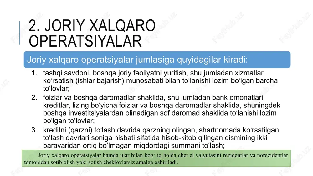 ilayotganda yo‘l qo‘yiladi: bojsiz savdo do‘konlaridagi hisob-kitoblar, shuningdek xalqaro tashishlarda transport vositalarining qatnov yo‘llarida yo‘lovchilarga tovarlarni realizatsiya qilish va xizmatlar ko‘rsatish chog‘idagi hisob-kitoblar bilan bog‘liq operatsiyalar; vositachilar (vakillar) tomonidan norezidentlar bilan tovarlarni topshirish, ishlarni bajarish, xizmatlar ko‘rsatish, axborot va intellektual faoliyat natijalarini, ularga bo‘lgan mutlaq huquqlarni berish bo‘yicha shartnomalar tuzish hamda ularni bajarish bilan bog‘liq xizmatlar ko‘rsatish chog‘ida vositachilar (vakillar) va komitentlar (ishonch bildiruvchilar) o‘rtasidagi operatsiyalar, shu jumladan komitentlarga (ishonch bildiruvchilarga) pul summalarini (boshqa mol-mulkni) qaytarishga doir operatsiyalar; tuzilgan shartnomalar asosida transport-ekspeditorlik xizmatlarini realizatsiya qilishdan ekspeditorlik kompaniyalarining hisobvarag‘iga xorijdan kelib tushayotgan chet el valyutasidagi mablag‘larni hisob-kitob qilishni va o‘tkazishni nazarda tutuvchi operatsiyalar; 4. rezidentlar o‘rtasidagi valyuta operatsiyalari rezidentlar o‘rtasidagi valyuta operatsiyalariga quyidagilar amalga oshirilayotganda yo‘l qo‘yiladi: jismoniy shaxslarning o‘zbekiston respublikasi hududidan tashqariga xizmat safarlari amalga oshirilishi bilan bog‘liq xarajatlarini to‘lash va ularning o‘rnini qoplash bo‘yicha operatsiyalar, shuningdek xizmat safarlari munosabati bilan berilgan, sarflanmay qolgan bo‘nakni qaytarishga doir operatsiyalar; o‘zbekiston respublikasining …