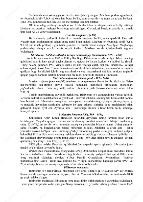 , shayxzoda, chorsu, korizgoh, so‘zangaron va feruza kabi nomlar bilan ataluvchi 6 ta darvoza o‘rnatildi. shahar arkida amir temurning qarorgohi ko‘ksaroy va bo‘stonsaroylar bino kilindi. ko‘ksaroy 4 qavatli bo‘lib, gumbazlari va devorlari zangori koshinlar, naqshinkor va guldor parchinlar bilan qoplangani uchun u shunday atalgan. ko‘ksaroyda xonlarni podsholik taxtiga chiqarish marosimi vaqtida ularni oq kigiz ustiga olib o‘tqazadigan toshdan taxtkursi – ko‘ktosh qo‘yilgan edi. bulardan tashqari arkda davlat devonxonasi, qurol – yarog‘lar ustaxonasi va aslahaxona, tangalar chekiladigan zarbxona kabi imoratlar joylashgan. movarounnahrning dehqonchilik vohalarida, xususan zarafshon vodiysida o‘nlab sug‘orish tarmoqlari chiqarilib, dehqonchilik maydonlari kengaytirildi. yangi qishloqlar barpo etildi. ibn arabshohning yozishicha, amir temur samarqand atrofida qad ko‘targan bir qancha yangi qishloqlarni sharqning mashhur shaharlari dimishq (damashq), misr, bag‘dod, sultoniya va sheroz nomlari bilan atadi. amir temurning fikricha, samarqand kattaligi, go‘zalligi hamda tevarak – atrofining obod etilganligi jihatidan dunyodagi eng yirik shaharlardan ham ustunroq turmog‘i lozim edi. xiv asrning oxiri – xv …