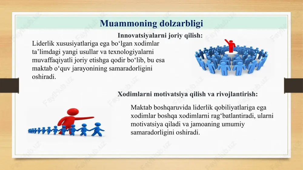niqlash. tajribali pedagoglar va ma’muriyat xodimlari liderlik ko‘nikmalarini rivojlantirish xodimlarning g‘oyalarini va takliflarini erkin bildirishlari uchun ochiq muloqot maydonini yaratish kerak. 12 chora-tadbirlar rejasi № muammo amalga oshirish mexanizmi ma’sullar muddat natija 1 ustoz-shogird an’analari albatta yoshi katta o‘qituvchi ustoz bo‘lishi. zamonaviy lider o‘qituvchilarni yosh bo‘lishiga qaramay ustoz sifatida metod birlashma rahbari etib tayinlash maktab direktori va o‘ibdo‘ o‘quv yili davomida ergashtirib boshqara oladigan pedagoglar jamoasini shakllanishini kuzatish mumkin 2 mustaqil izlanish yoki rahbar tomonidan loyiha ishlariga doimo ruhsat bermaslik umumta’lim maktablarida mustaqil loyiha ishlarni yanada ko‘paytirish orqali yangi liderlik qirralarini aniqlash mumkin o‘ibdo‘, metod birlashma rahbarlari har chorak davomida ta’lim sifati va samaradorligi oshadi 13 chora-tadbirlar rejasi № muammo amalga oshirish mexanizmi ma’sullar muddat natija 3 rahbarlarning, tajribali ustozlarning yosh xodimlarga fanidan boshqa liderlik xusiyatlarini orgatmasligi tajribali pedagoglar va ma’muriyat xodimlari liderlik ko‘nikmalarini rivojlantirish rivojlantirishda ustoz sifatida yangi xodimlarga yordam berishlari kerak o‘ibdo‘, metod birlashma rahbarlari o‘quv yili davomida …