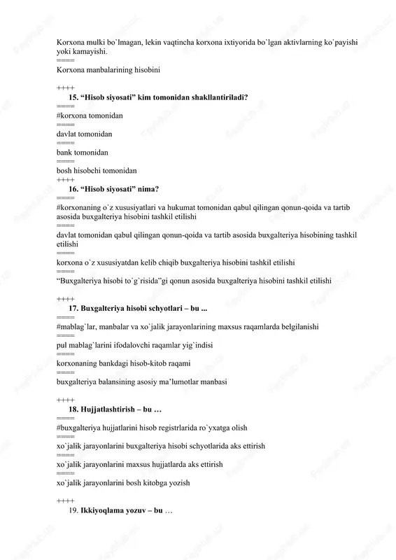 iyoqlama yozish ++++ 26. qaysi qatorda buxgalteriya balansi majburiyatlar bo`limiga tegishli moddalar ko`rsatilgan? ==== #uzoq muddatli qarzlar, uzoq muddatli kreditlar, qisqa muddatli qarzlar ==== asosiy vositalar, nomoddiy aktivlar, kapital qo`yilmalar ==== ustav fondi, rezerv kapitali, taqsimlanmagan foyda ==== bank kreditlari, olinadigan schetlar, to`lanadigan schetlar ++++ 27. debitorlik qarz undirildi. ushbu xo`jalik muomalasi buxgalteriya balansida qanday o`zgarishga olib keladi? ==== #aktivda ham kamayish ham ko`payish ==== aktivda ko’payish passivda kamayadi ==== aktiv ham passiv ham ko`payadi ==== passivda ham kamayish ham ko`payish ++++ 28. kreditorlik qarz to’lab berildi. ushbu xo`jalik muomalasi buxgalteriya balansida qanday o`zgarishga olib keladi? ==== ==== #aktiv ham passiv ham kamayadi ==== aktivda ham kamayish ham ko`payish ==== aktiv ham passiv ham ko`payadi ==== passivda ham kamayish ham ko`payish ++++ 29. qaysi qatorda buxgalteriya balansi debitorlik qarzlari bo`limiga tegishli moddalar ko`rsatilgan? ==== #uzoq muddatli debitorlik qarzlar, olinadigan schyotlar, qisqa muddatli berilgan qarzlar ==== olinadigan schyotlar, nomoddiy aktivlar, kapital …