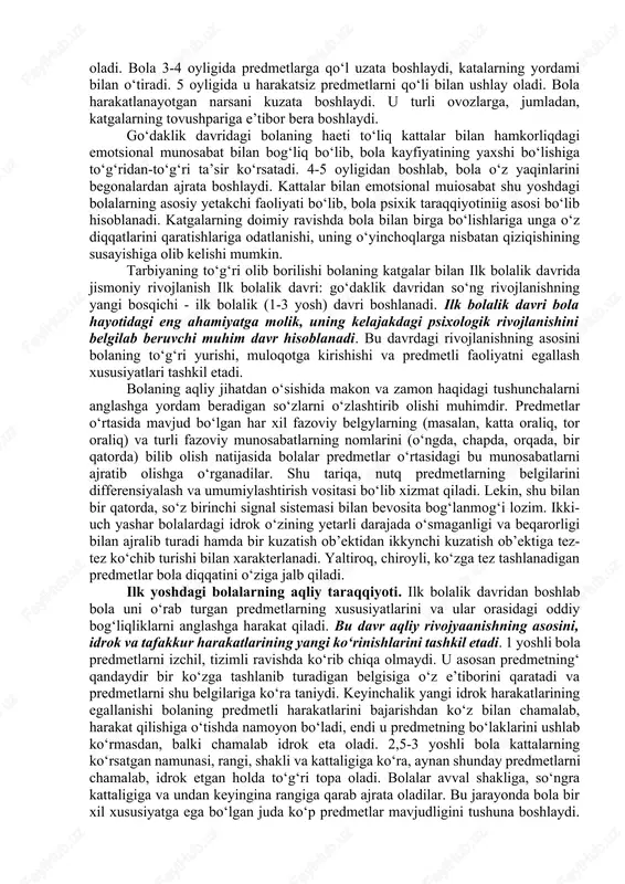 ir nuqtaga qaratish psixik taraqqiyotda muhim rol o‘ynaydi. bola ikki-uch oylik bo‘lganda, yaqinidagi predmetlarni ikki ko‘zi bilan kuzata oladi, unda asosiy rang va shakllarni farq qila olish qobiliyati paydo bo‘ladi. olti oyligida u ranglarga nisbatan o‘z munosabatini ham bildira boshlaydi, yoqqan rangiga intilsa, yoqmaganini itaradi, undan yuzini o‘giradi. yangi turshgan bolaning eshitishi zaifroq bo‘ladi, shunga ko‘ra u hali o‘zi eshitib, odatlanib qolmagan juda kuchli qo‘zg‘ovchilarga javob beradi, lekin ovozning qaysi tomondan kelayotganligini ajrata olmaydi. bola ikkinchi oyining oxirlariga borgandagina eshitayotgan tovushiga e’tibor bera boshlaydi, tovushning qaerdan kelayotganini qidirib, u yoq bu yoqqa qaraydi. tovush manbaini topishni o‘rgangan uch oylik bola gapirayotgan kishini o‘z ko‘zlari bilan tez topib oladi, o‘sha tomonga qarab, gapiruvchiga o‘z munosabatini ifodalaydi. ana shu vaqtdan boshlab, uning tevarak-atrofiga bo‘lgan munosabati ancha kengaya boradi. bolaning tobora diqqat bilan eshita va ko‘ra borishi uning umumiy taraqqiyoti uchun katga ahamiyatga egadir. lekin ko‘rish, eshitish va boshqa analizatorlar faqat bolaning tevarak-atrof …
