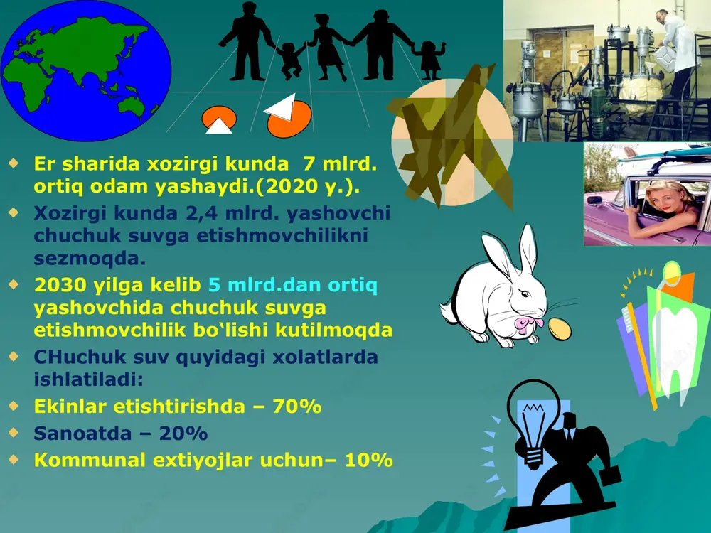 tirish-tuzlarning konsentratsisini pasaytirish (asosan – xloridlar va sulfatlar) -dezaktivatsiya (radioaktiv moddalarni yo‘qotish) -dezodoratsiyalash (hidni bartaraf qilish) -ftorlash (ftor miqdorini me’yoriga etkazish) -deftorlash (ftor miqdorini me’yorigacha pasaytirish) suvni tindirish suvni tindirish - tarkibidagi muallaq holda suzib yuruvchi zarrachalarni cho‘ktirish va suvni tiniqlashtirish tushuniladi(filtrlash). suvni zararsizlantirish usullari suvni xlorlash suvni ozonlash ultrabinafsha nur bilan zararsizlantirish ionlantiruvchi nurlanish bilan zararsizlantirish suvni zararsizlantirish ichimlik suvlarini mikroorganizmlardan holi qilish. buning uchun fizikaviy va kimyoviy zararsizlantirish usullari ishlab chiqilgan. fizikaviy usullar – suvni qaynatish, ultrabinafsha nur bilan ishlov berish. bu usul katta hajmlardagi suvlarni zararsizlantirishda qo‘llanilmaydi, ammo uning samaradorligi yuqori, shuning uchun markazlashtirilgan suv ta’minotida kimyoviy zararsizlantirish usullari ko‘proq qo‘llanadi. kimyoviy zararsizlantirish usullari – suvni xlorlash, ozon bilan zararsizlantirish usullar. suvni xlorlashda o‘zida xlor tutuvchi preparatlar (xlorli ohak) qo‘shiladi. suvni xlorlashda suvga etarli miqdorlarda xlor qo‘shilmasa, uning zararsizlantirish samaradorligi yuqori bo‘lmaydi, ortiqcha miqdorlarda xlor qo‘shilganda esa, suvning organoleptik xususiyatlari o‘zgaradi va suv kanserogenlik xususiyatlariga ega bo‘lib …