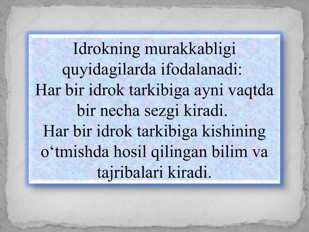 ni bildirib, unda turli qismlarni bitta qilib yangi obraz yaratiladi. masalan: yalmog‘iz kampir, suv parisi, kentavr, ssfinks obrazlari va boshqalar giperbolizatsiya – obrazlarni kattalashtirish yoki kichiklashtirish shuningdek, alohida qismlarni o‘zgartirishdir. masalan: gulliver, liliput, alpomish, rustam pahlavon obrazlari kabilar tizimlashtirish – o‘xshatish orqali ayrim tasavvurlarni ular orasidagi farqlarni silliqlash; tipiklashtirish-bir xil obrazlarni qaytarilishi bo‘lib, har bir davr uchun tipik bo‘lgan obrazlarni yaratish masalan: a.kahhor hikoyalari («o‘g‘ri», «bemor») a.qodiriy («o‘tgan kunlar») romani kabilar. aksentlashtirish – ayrim belgilarni ta’kidlash orqali obrazlar yaratish masalan: o‘rtoqlik hazillari. aksentlashtirish badiiy adabiyotlarda juda ko‘p qo‘llaniladi xayol jarayonida xayol tasavvurlarining xotira tasavvuridan farqi muhim ahamiyatga ega. xayol tasavvurlari ongda paydo bo‘ladi va barqaror bo‘ladi. xotira tasavvuridagi narsa doimo tanish narsadek his qilinadi. xayol tasavvurlari esa yangilikni his qilish tuyg‘ularini beradi. xayol tasavvurlari insonning qiziqish va ideallari bilan bog‘liq bo‘lgani sababli yangilikni his qilish tuyg‘ulari oqibatida vujudga keladi. xayolning quyidagi turlari ajratib ko‘rsatiladi: tasavvur xayoli deb o‘tmishda bo‘lib o‘tgan …