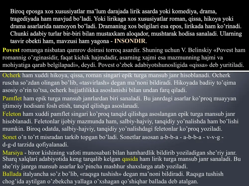 komik personajning mavjud holatini o‘zi idrok etmasligi, o‘ziga real baho berolmasligi ortidan yuzaga keladigan komik holat vositasida muallifning ijodiy niyatini to‘g’ri payqash olish muhim. shuningdek, komediyaninig satirik yoki yumoristik ruhda ifodalanishining g’oyaviy sabablarini to‘g’ri belgilab olish zarurdir. komediyada kulguni yuzaga keltiruvchi nuqtalarda ijtimoiy ahamiyatga moliklik xususiyatlarini to‘g’ri anglash lozimdir. a.qahhorning “og’riq tishlar” komediyasi satirik ruhdagi komediya bo‘lsa, e.vohidovning “oltin devor” asaridagi yumoristik ruh ustuvoriliginingto‘g’ri belgilab olish ehtiyoji badiiy g’oyaviy niyatni aniq belgilab olishda zarurdir. tragediyaning xususiyatlari tragediya garchi dastlab genetik jihatdan antik davrdagi yunonlarning ma’bud dionisning o‘limi va qayta tirilishi munosabati bilan ijro etilgan marosim qo‘shiqlariga borib taqalib, marosimda qurbon qilinadigan echkining qo‘shig’i sifatida nom olgan bo‘lsa-da, keyinchalik dramatik janr sifatida jamiyatdagi fojiali manzaralarning sahna ko‘rinishi sifatida ko‘rinish oldi. tragediya, ma’lumki, jamiyatdagi muammolarning halokatli, inqirozli nuqtalarini qahramonlarning fojiaviy taqdirlari misolida harakatlantirib beradi. *badiiy g’oya *fojia *badiiy xulosa dramatik tur dramatik tur esa bevosita tomoshabinlar oldida, aktyorlar tomonidan sahnada qo‘yilishi bilan …
