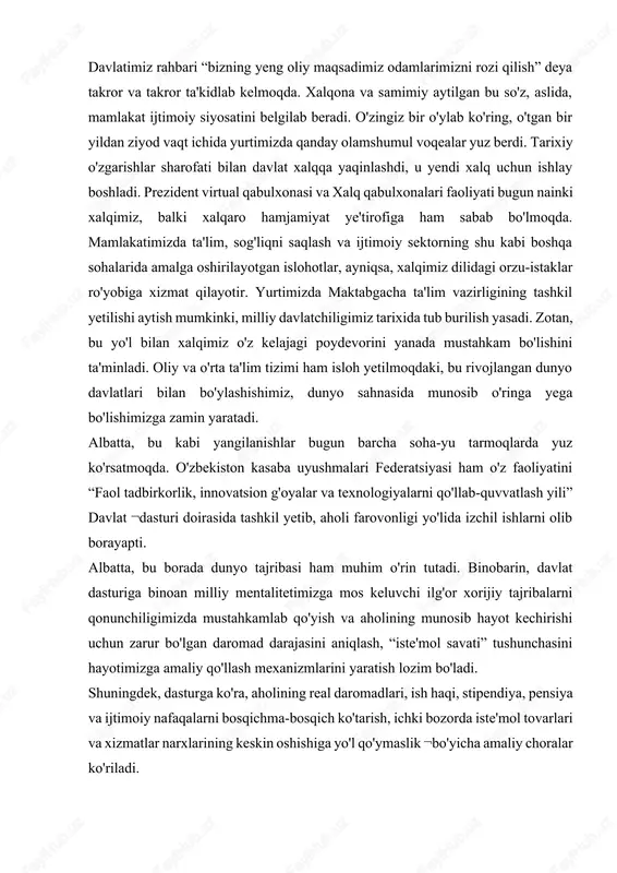 zi qilish” deya takror va takror ta'kidlab kelmoqda. xalqona va samimiy aytilgan bu so'z, aslida, mamlakat ijtimoiy siyosatini belgilab beradi. o'zingiz bir o'ylab ko'ring, o'tgan bir yildan ziyod vaqt ichida yurtimizda qanday olamshumul voqealar yuz berdi. tarixiy o'zgarishlar sharofati bilan davlat xalqqa yaqinlashdi, u yendi xalq uchun ishlay boshladi. prezident virtual qabulxonasi va xalq qabulxonalari faoliyati bugun nainki xalqimiz, balki xalqaro hamjamiyat ye'tirofiga ham sabab bo'lmoqda. mamlakatimizda ta'lim, sog'liqni saqlash va ijtimoiy sektorning shu kabi boshqa sohalarida amalga oshirilayotgan islohotlar, ayniqsa, xalqimiz dilidagi orzu-istaklar ro'yobiga xizmat qilayotir. yurtimizda maktabgacha ta'lim vazirligining tashkil yetilishi aytish mumkinki, milliy davlatchiligimiz tarixida tub burilish yasadi. zotan, bu yo'l bilan xalqimiz o'z kelajagi poydevorini yanada mustahkam bo'lishini ta'minladi. oliy va o'rta ta'lim tizimi ham isloh yetilmoqdaki, bu rivojlangan dunyo davlatlari bilan bo'ylashishimiz, dunyo sahnasida munosib o'ringa yega bo'lishimizga zamin yaratadi. albatta, bu kabi yangilanishlar bugun barcha soha-yu tarmoqlarda yuz ko'rsatmoqda. o'zbekiston kasaba uyushmalari federatsiyasi ham …