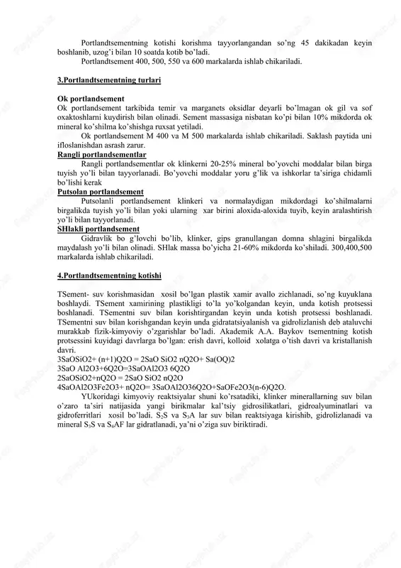 rish yo’li bilan tayyorlanadi. shlakli portlandsement gidravlik bo g’lovchi bo’lib, klinker, gips granullangan domna shlagini birgalikda maydalash yo’li bilan olinadi. shlak massa bo’yicha 21-60% mikdorda ko’shiladi. 300,400,500 markalarda ishlab chikariladi. 4.portlandtsementning kotishi tsement- suv korishmasidan xosil bo’lgan plastik xamir avallo zichlanadi, so’ng kuyuklana boshlaydi. tsement xamirining plastikligi to’la yo’kolgandan keyin, unda kotish protsessi boshlanadi. tsementni suv bilan korishtirgandan keyin unda kotish protsessi boshlanadi. tsementni suv bilan korishgandan keyin unda gidratatsiyalanish va gidrolizlanish deb ataluvchi murakkab fizik-kimyoviy o’zgarishlar bo’ladi. akademik a.a. baykov tsementning kotish protsessini kuyidagi davrlarga bo’lgan: erish davri, kolloid xolatga o’tish davri va kristallanish davri. 3saosio2+ (n+1)q2o = 2sao sio2 nq2o+ sa(oq)2 3sao al2o3+6q2o=3saoal2o3 6q2o 2saosio2+nq2o = 2sao sio2 nq2o 4saoal2o3fe2o3+ nq2o= 3saoal2o36q2o+saofe2o3(n-6)q2o. yukoridagi kimyoviy reaktsiyalar shuni ko’rsatadiki, klinker minerallarning suv bilan o’zaro ta’siri natijasida yangi birikmalar kal’tsiy gidrosilikatlari, gidroalyuminatlari va gidroferritlari xosil bo’ladi. s2s va s3a lar suv bilan reaktsiyaga kirishib, gidrolizlanadi va mineral s3s va s4af lar …