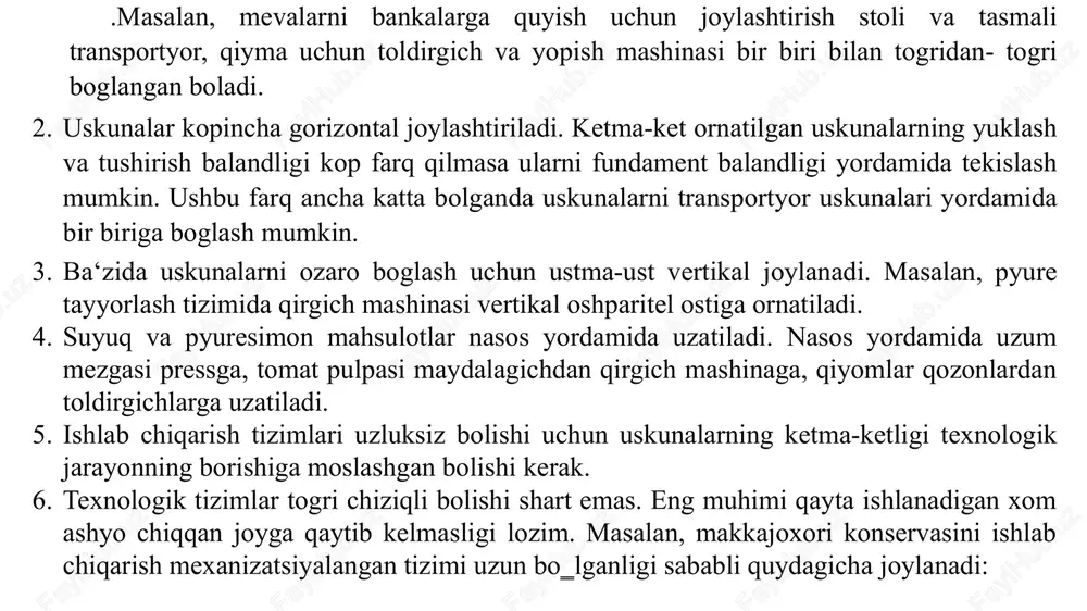 necha kesiladigan yuza) bo‗ladi. qirqimlarning mikdori va xarakteri qaysi qurilish konstruksiyalarini va uskunalarini ko‗rsatish kerakligiga bog‗liq. bo‗ylama qirqimlar binoning uzunasiga, ko‗ndalang eni bo‗yicha chapdan o‗ng tomonga bajariladi. qirqimlarda birinchi (oldingi) rejada ko‗rinadigan uskunalar ko‗rsatiladi. orqa tomonda va qisman ko‗rinmaydigan uskunalar ko‗rsatilmaydi. qirqim uskunaning o‗rtasidan o‗tganda u kesilmaydi, uning oldidan ko‗rinishi ko‗rsatiladi. nazorat savollari: ishlab chiqarish sexlarining kompanovkasi qanday tuziladi? uskunalarni rejalashtirish usullarini bilasizmi? uskunalar sexlarda qaysi qoidalar asosida rejalashtiriladi? o‗lchamlari har xil bo‗lgan uskunalarni bir-biriga qanday moslashtirish mumkin? namunaviy tizimlarga tushuncha bering. qirqimlarda nimalar ko‗rsatiladi? sex chizmalarida qaysi o‗lchamlarni ko‗rsatish shart? qirqimlar turlarini bilasizmi? kompanovkada uskunalar qanday ko‗rsatiladi? tizimlar orasidagi masofa qancha bo‗lishi lozim? uskunalar orasidagi masofa qancha bo‗lishi kerak. image1.png image2.jpeg image3.jpeg /docprops/thumbnail.jpeg