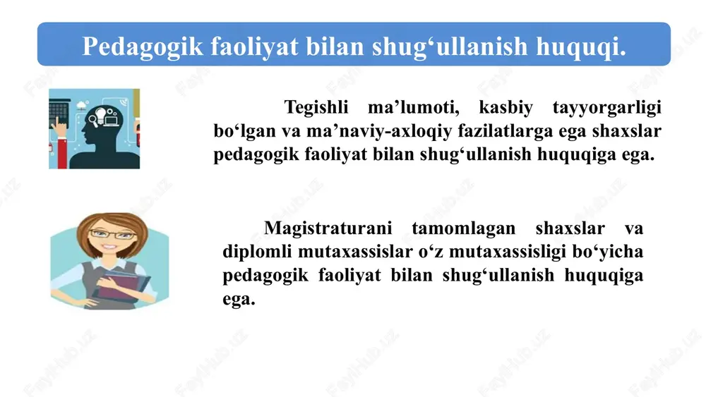 ‘lishi kerak. - pedagogning ma’naviy-ahloqiy qiyofasi bilan tashqi ko‘rinishi o‘rtasidagi o‘zaro uyg‘unlik va mutanosiblik. pedagog imiji imijning eng ahamiyatli xossalari - tashqi ko‘rinish; -muloqotning verbal va noverbal vositalarining qo‘llanilishi; - pedagogik faoliyatining uslubiy xususiyatlari; - kasb obraziga ich-ichidan mos kelishi – ichki “shaxsiyat”; - kasbiy yo‘naltirilganlik. ta’lim mazmunini belgilab beruvchi eng asosiy me’yoriy hujjat bu davlat ta’lim standartidir. 18 «standart» ingliz tilidan tarjima qilinganda «me’yor», «namuna», «andoza», «model» ma’nolarini anglatadi. standart yordamida, respublika miqyosidagi turli ta’lim muassasalarida ta’limning barqarorlik darajasini ta’minlashga erishiladi, o‘quv ishlari normativlari moslashtiriladi, o‘quvchilarning bilimlarini baholash mezonlari ishlab chiqiladi. 18 9 davlat ta’lim standartining maqsadi - umumiy o‘rta ta’lim tizimini mamlakatda amalga oshirilayotgan ijtimoiy-iqtisodir islohotlar, rivojlangan xorijiy mamlakatlarning ilg‘or tajribalari hamda ilm-fan va zamonaviy axborot-kommunikatsiya texnologiyalariga asoslangan holda tashkil etish, ma’naviy barkamol va intellektual rivojlangan shaxsni tarbiyalashdan iborat. 19 davlat ta’lim standarti quyidagi tarkibiy qismlardan iborat: umumiy o’rta ta’limning tayanch o’quv rejasi umumiy o‘rta ta’limning o‘quv dasturi …