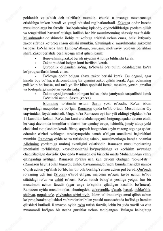 qatʼiy vaqtda, makkadagi ka'ba tomonga qaragan holda oʻqiladi. namozlar bomdod, peshin, asr, shom va xuftonda oʻqiladi. namoz nomlari vaqtlariga koʻra ozgaradi: bomdod, peshin, asr, shom va xuftonda oʻqiladi.bomdod namozi quyosh chiqmasdan oldin o'qiladi, peshin - quyosh eng baland nuqtasidan oshib ketgandan keyin oʻqiladi, asr — quyosh botishidan oldin, shom namozi quyosh botganidan keyin o'qiladi va xufton — quyosh botib ufqdagi qizillik yo'qolganidan keyin oʻqiladigan kechki namozdir. musulmonlar namozdan oldin yuvinishlari kerak; bu yuvishnish tahorat deb ataladi. namoz bir qator belgilangan pozitsiyalar bilan birga keladi, shu jumladan; qoʻllarni tizzaga qoʻyib ruku qilish, tik turish, sajda qilish va maxsus holatda oʻtirish har bir pozitsiya oʻzgarganda "alloh buyukdir" deyiladi va bu har bir holatda oʻqilishi kerak boʻlgan anʼanadir. musulmon har qanday joyda, masalan, idoralarda, universitetlarda va dalalarda namozini oʻqishi mumkin biroq,masjid namoz oʻqish uchun afzalroq joydir. hayz koʻrgan ayollar, balogʻatga yetmagan bolalar, aqliy va jismoniy nuqsonlari boʻlganlar namoz oʻqishlari shart emas. uchinchi ustun: …
