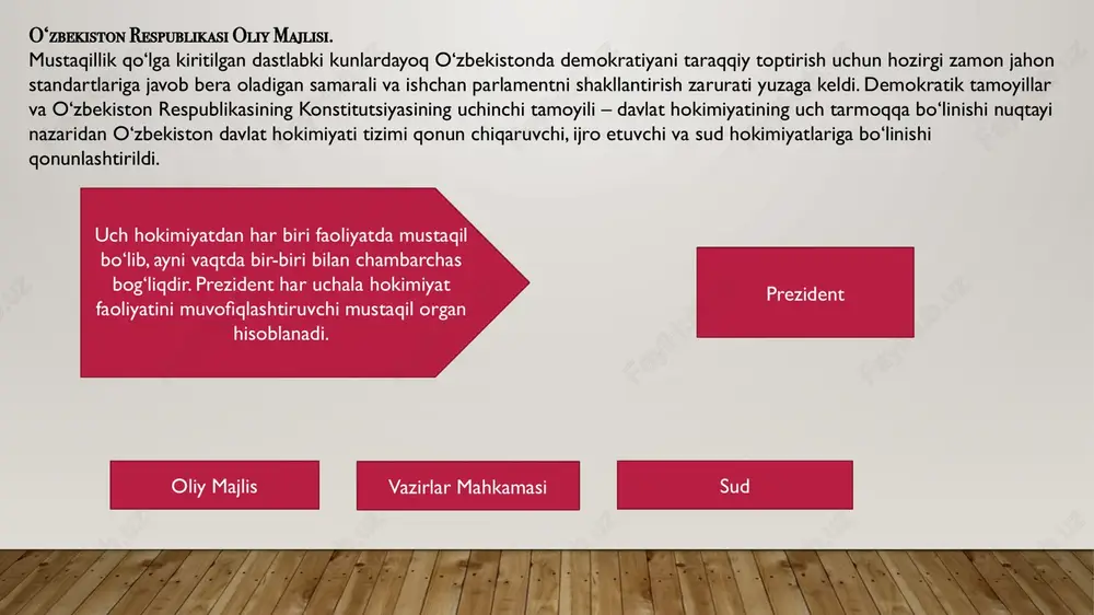 senatga qoraqalpog‘iston respublikasi, viloyatlar va toshkent shahridan 6 nafardan, jami 84 kishi saylanadi. prezident tomonidan tayinlanadigan 16 nafar elyurtda obro‘-e’tibor qozongan kishilar senatning a’zosi bo‘lishadi. 1990-yil 15-noyabrda o‘zbekiston prezidentining «o‘zbekiston ssr prezidenti huzuridagi vazirlar mahkamasining tarkibini tasdiqlash to‘g‘risida»gi farmoni qabul qilindi. unga muvofiq ravishda o‘zbekiston prezidenti huzurida vazirlar mahkamasi tuzildi, prezident uning raisi bo‘ldi. respublikada vitse-prezident lavozimi ta’sis etilib, uning zimmasiga vazirlar mahkamasiga rahbarlik qilish va uning ishini uyushtirish vazifasi yuklandi. 1992-yil 4-yanvarda vitse-prezident lavozimi tugatildi va o‘zbekiston respublikasining bosh vaziri lavozimi ta’sis etildi. bosh vazir zimmasiga vitse-prezident vakolatlari berildi. o‘zbekiston respublikasining konstitutsiyasining xx bobida o‘zbekiston respublikasi vazirlar mahkamasining konstitutsiyaviy-huquqiy maqomi, uning tashkil etilishi, faoliyatining asosiy yo‘nalishlari va vakolatlari belgilab qo‘yildi. vazirlar mahkamasi o‘z faoliyatini o‘zbekiston respublikasining 1993-yilda qabul qilingan «o‘zbekiston respublikasi vazirlar mahkamasi to‘g‘risida»gi (yangi tahriri 2003-yil) qonuni asosida olib boradi. vazirlar mahkamasi o‘zbekiston respublikasining hukumati oliy majlisning qonunlari, o‘zbekiston respublikasi prezidentining farmonlari, qarorlari va farmoyishlari bajarilishiga rahbarlikni ta’minlovchi …