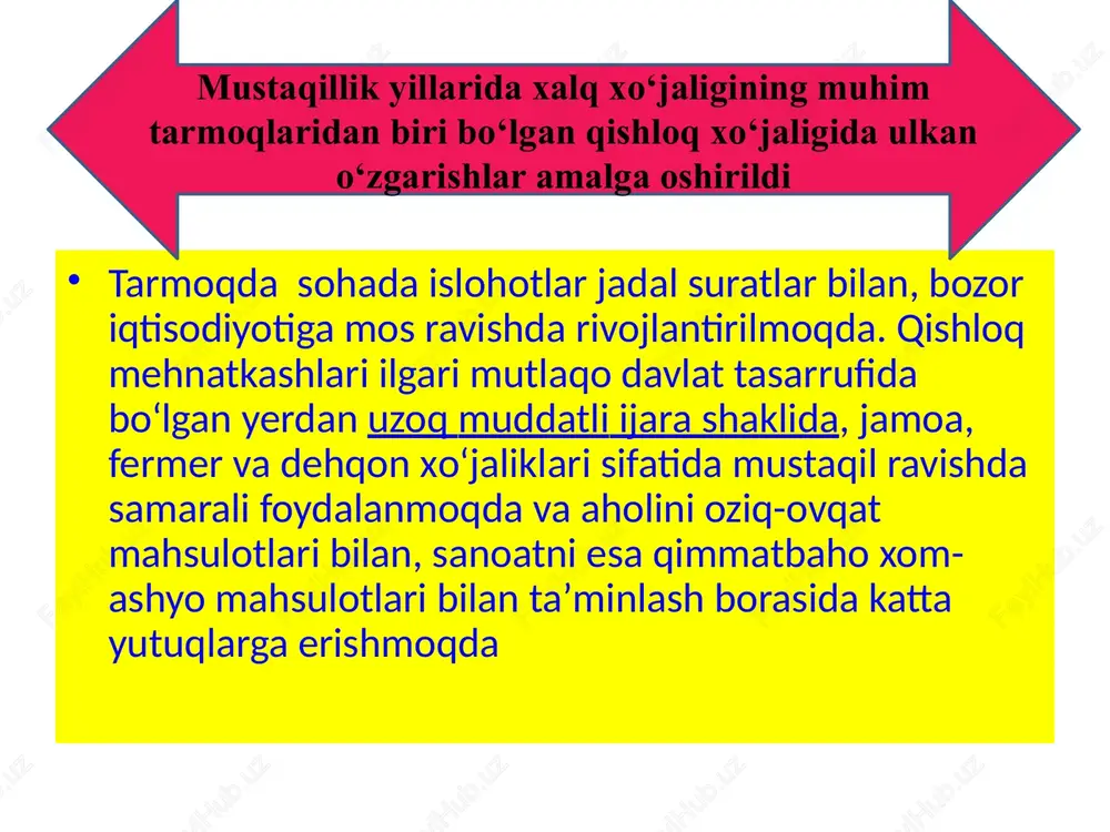 a qishloq xo‘jaligi sohasida. shunday yangiliklardan biri – klaster tizimining joriy etilishi bo‘ldi. xo‘sh, klaster o‘zi nima? bu savolga jaydari tilda javob qaytaradigan bo‘lsak klaster, bu to‘planib ishni amalga oshirishdir. klaster tizimi ikkita yo‘nalishda tashkil qilindi. birinchisi, fermerlar va to‘qimachilik korxonalari o‘rtasida bevosita shartnoma, ikkinchisi, salmog‘i yuqori bo‘lgan to‘qimachilik korxonalari fermerlikni o‘zi shakllantirmoqda. klaster tizimi taraqqiyoti e’tiboringiz uchun rahmat image4.png image5.png image6.png image7.png image8.png image9.png image10.png image11.png image12.png image13.png image14.png image15.png image16.png image17.png image18.png image2.jpeg /docprops/thumbnail.jpeg