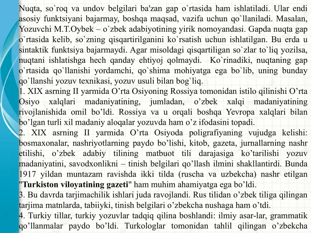 ʻladi: 1. qaratqich kelishigi ot bilan otni grammatik aloqaga kiritadi: kitobning varagʻi, odamning gavdasi.2. tushum, joʻnalish, oʻrin, chiqish kelishiklari otni feʼl bilan aloqaga kiritadi: kitobni oʻqidi, bozorga bordim, maktabda koʻrdim, institutdan keldim (“hozirgi oʻzbek adabiy tili” darsligi). 1. soʻroq mazmunidagi gaplar oxiriga soʻroq belgisi qoʻyiladi: hay, nima bu hammayoq jimjit boʻlib qoldi? zebinisaxon qanilar? saltanatxon, aylanay, oʻrtoqjoningizni topmaysizmi? (choʻlpon) odamlar koʻngliga sen ham bitta nihol ekdingmi? bahra ololdimi bir zot yuragi? biror qalb gʻuborin yuva oldingmi? sen ham oʻz sheʼrlaring zamiridagi shoʻr suvlarni quva oldingmi? (e.vohidov) 2. soʻroq mazmunidagi gaplar qanday vositalar yordamida shakllangan boʻlishidan (soʻroq olmoshlari, soʻroq-taajjub yuklamalari, soʻroq intonatsiyasi va sh.k.) qatʼi nazar, ularning har qanday koʻrinishi oxiriga soʻroq belgisi qoʻyiladi:sizlar amal talashgan chogʻda kim turgʻizar burchakka sizni? (e.vohidov)janob pakavira, hindistonga qachon kelgansiz? uch yil? uch yildan buyon qayerda istiqomat qilmoqdasiz? (p.qodirov)— xoʻp, binafsha. familiyasi?— a?.. kimni?..— oʻzingizning bolangizmi, axir? (sh.boshbekov)yoʻq, familiyangiz? qurbonov? aha, yaxshi, yaxshi! sogʻliq qalay, …