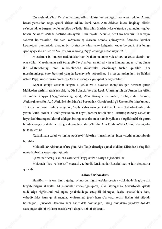 iy oyatlarni o‘qiy boshladi: “yaratgan rabbing nomi bilan o‘qi! u insonni laxta qondan yaratdi. o‘qi! karami keng bo‘lgan rabbing xaqqi uchunki, u qalam bilan ta’lim berdi, insonga bilmaganlarini o‘rgatdi”. alaq surasining boshidagi bu oyatlar ilk kelgan vaxydir. payg‘ambar a.s. bu oyatlarni qalbga joylab, farishtaning ketidan qaytardilar. shundan so‘ng bo‘lib o‘tgan voqeadan nixoyatda xayrat va qo‘rquvga tushganlaridan darhol bibi xadichaning xuzurlariga qaytdilar va “meni o‘rab qo‘ying, o‘rab qo‘ying”, dedilar. shundan so‘ng uzoq uyquga ketdilar. uyg‘ongach bo‘lgan voqeani ayollariga so‘zlab berdilar. xadicha buni yaxshilikka yoyib, varaqa ibn navfal nomli avvalgi samoviy kitoblardan boxabar bo‘lgan qarindoshlarining xuzuriga borib bu voqeaning tafsilotini so‘radilar. varaqa bu ko‘ringan farishta muso va iso payg‘ambarlarga vaxyni olib tushgan - jabroil ekanligini aytdi. u yana kelajakda muhammad a.s. o‘z ummatiga payg‘ambar bo‘lishi, bu yo‘lda ko‘p aziyat chekishi, o‘z yurtidan chiqarilishi haqidagi xabarlarni bildirdi. rasululox yashirin da’vatga o‘tdilar. birinchi bo‘lib xadicha bint xuvaylid va amakivachchalari ali ibn abi tolib iymon …