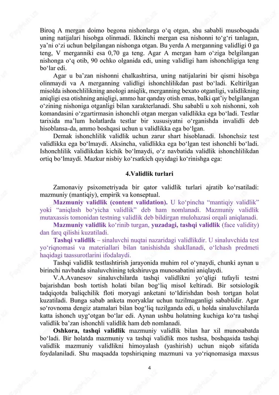 lidlik” deb ham nomlanadi. mazmuniy validlik mutaxassis tomonidan testning validlik deb bildirgan mulohazasi orqali aniqlanadi. mazmuniy validlik ko‘rinib turgan, yuzadagi, tashqi validlik (face validity) dan farq qilishi kuzatiladi. tashqi validlik – sinaluvchi nuqtai nazaridagi validlikdir. u sinaluvchida test yo‘riqnomasi va materiallari bilan tanishishda shakllanadi, o‘lchash predmeti haqidagi taassurotlarini ifodalaydi. tashqi validlik testlashtirish jarayonida muhim rol o‘ynaydi, chunki aynan u birinchi navbatda sinaluvchining tekshiruvga munosabatini aniqlaydi. v.a.avanesov sinaluvchilarda tashqi validlikni yo‘qligi tufayli testni bajarishdan bosh tortish holati bilan bog‘liq misol keltiradi. bir sotsiologik tadqiqotda baliqchilik floti moryagi anketani to‘ldirishdan bosh tortgan holat kuzatiladi. bunga sabab anketa moryaklar uchun tuzilmaganligi sabablidir. agar so‘rovnoma dengiz atamalari bilan bog‘liq tuzilganda edi, u holda sinaluvchilarda katta ishonch uyg‘otgan bo‘lar edi. aynan ushbu holatning kuchiga ko‘ra tashqi validlik ba’zan ishonchli validlik ham deb nomlanadi. oshkora, tashqi validlik mazmuniy validlik bilan har xil munosabatda bo‘ladi. bir holatda mazmuniy va tashqi validlik mos tushsa, boshqasida tashqi validlik mazmuniy …