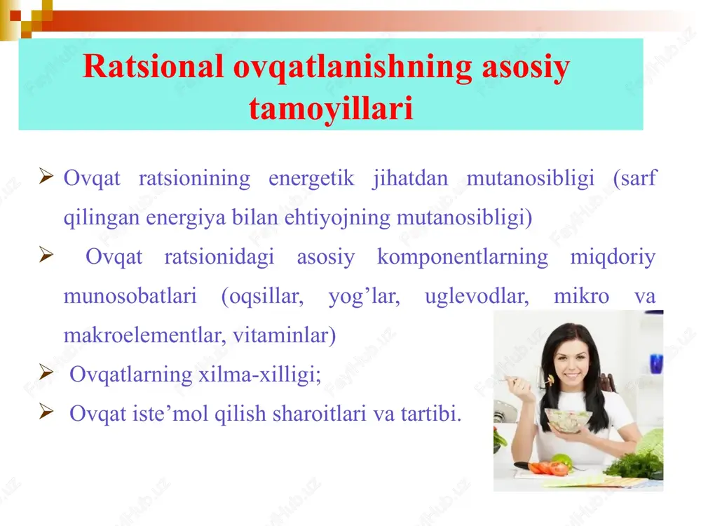 ing tanqisligi- anemiyaga olib keladi. ‹#› haccp training course: module 01 - haccp introduction 3. ovqatni suisteʼmol qilish - bu uzoq vaqt davomida meʼyoridan ortiqcha ovqat isteʼmol qilish oqibatida semirib ketish va uning natijasida yurak qon-tomir kasalliklari va diabet kabi kasalliklarning rivojlanishiga olib keluvchi holatdir. 4. nomutanosiblik – bu ratsionda inson uchun zarur boʼlgan ozuqa moddalarining birontasining absolyut yetishmovchiligi, undan tashqari yuzaga keladigan notoʼgʼri munosabat holati.masalan, choydagi tanin temir moddasining oʼzlashtirishini buzadi. kalsiy soʼrilishining buzilishi meʼyordan ortiq ovqat isteʼmol qilganda, shu jumladan fosfor va kofein ortiqcha isteʼmolida ham yuzaga keladi. shu sabab, kalsiyning optimal miqdori kunlik ovqatda yogʼsiz sut mahsulotlari, sabzavotlar, koʼkatlar, dukkaklilar va mevalar isteʼmol qilish yoʼli bilan amalga oshiriladi. ‹#› haccp training course: module 01 - haccp introduction oʼzbekiston respublikasi prezidentining farmoni sogʼlom turmush tarzini keng tatbiq etish va ommaviy sportni yanada rivojlantirish chora-tadbirlari toʼgʼrisida jismoniy tarbiya va ommaviy sport bilan muntazam shugʼullanish hamda sogʼlom turmush tarzi boʼyicha …