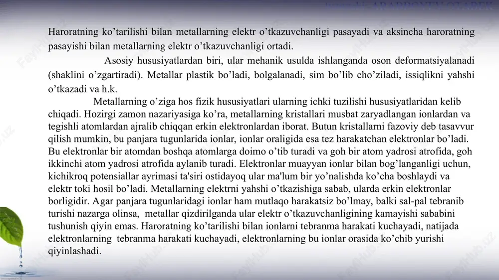 ntlari vodorod bilan reaksiyaga kirishib gidridlarni hosil qiladi. 2na + h2 = 2nah bu erda vodorod manfiy zaryadni namoyon qiladi. huddi …. ning tuzilishiga o’hshaydi. ve va mg niydan tashqari bu gruppacha elementlari ammiak bilan amidlar hosil qiladi. na + nh3 = nanh2 + h2 nanh2 + h2o = naoh + nh3 3mg + 2nh3 = mg3n2 + 3h2 ca + nh3 = cah2 + n2 bu gruppacha elementlari suv bilan (ve va md dan tashqari) reaksiyaga kirishib vodorod ajratib chiqaradi. 2na + 2h2o = 2naoh + h2 mg + h2o= mgo + h2 metal emaslar bilan reaksiyaga kirishib tuzlar nitridlar hosil qilishi mumkin. li +cl2 = 2licl 6li + n2 = 2li3n nitridlarga suv ta'sir ettirilsa mg3n2 + 6h2o= mg(oh)2 + 2nh3 karbidlarga suv ta'sir ettirilsa cac2 + h2o = ca(oh)2 + c2h2 hosil bo’ladi. nazorat savollari 1.metallarni davriy sistemadagi o’rni 2.ionlanish energiyasi nima?: 3.metallar qanday usullarda olinadi? 4.metallar …