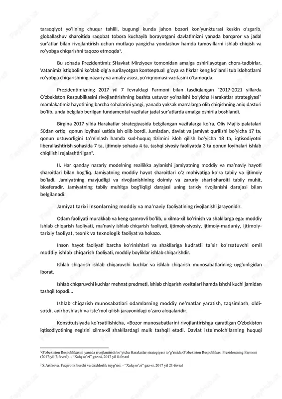 xossalariga tomon boriladi. real jamiyat va uning ideallashtirilgan modeli aynan bo’lishi mumkin emas. jamiyatning ideal modeli real jamiyatning mohiyatini aks ettiradi. uning ichki, barqaror, zaruriy, takrorlanuvchi aloqa va munosabatlarini e’tiborga oladi. ideal model - "sof", quruq, qat’iy qonun va mantiq kuchiga asoslangan obyekt. real jamiyat murakkab, rang-barang, boy. unda qonuniy, zaruriy, muhim, takrorlanuvchi aloqa va munosabatlardan tashqari konkret vaziyat, tarixiy sharoitdan kelib chiquvchi takrorlanmas, tasodifiy, muhim bo’lmagan, beqaror aloqa va munosabatlar ham bo’ladi. real jamiyat dinamik rivojlanishdagi hayotiy organizmdir. o’zbekistonda jamiyatimizni rivojlantirishning o’z modeli ishlab chiqilgan. ushbu kontsentsiyaning asosiy qoidalari i.a.karimovning “o’zbekiston-bozor munosabatlariga o’tishning o’ziga xos yo’li” (1993) asarida nazariy asoslab berilgan. bozor iqtisodiyotiga o’tishniig bu yo’li-besh tamoyilga asoslanib respublikamizning iqlimiy o’ziga xosligi va manfaatlariga, uning hayot sharoiti va imkoniyatlariga, o’zbek xalqi an’analariga, tarixi va ma’naviyatiga mos keladi, ozod va obod vatan, erkin va farovon hayot qurishdek maqsadni aks ettiradi. o’zbek modelining asosiy tamoyillari quyidagilardir: -iqtisodni mafkuradan holi etish, uning …