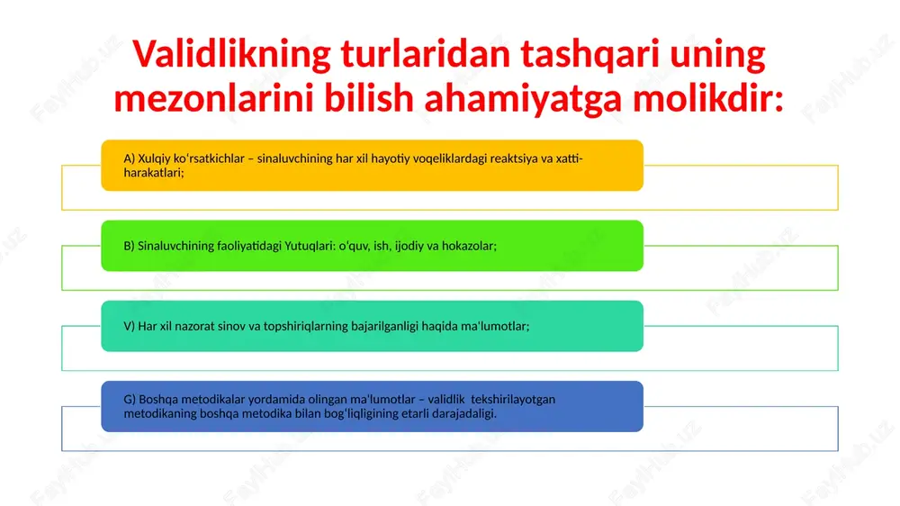 .poxilko, a.g.shmelev, a.g.vinogradov) indikatorlar maxsus protseduralar bilan o‘lchanadigan yoki ob’ektini kuzatish orqali ifodalanadi. tashqi (xulqiy) va shaxsning ichki xususiyatlari o‘rtasida bir xil sababiy bog‘lanish mavjud: kuzatilayotgan xatti-harakat yoki reaksiya bilan ma’lum shaxs xususiyatlarini tug‘ilishida ko‘rinadi. test topshiriqlarini aniqlash: a) testning tuzish maqsadini belgilash; b) testning o‘ziga xosligini belgilash. test tuzish bosqichlari quyidagicha testning maqsadini aniqlash test uchun topshiriqlarni umumlashtirish testning sinab ko‘rishgacha bo‘lgan topshiriqlari test shkalalarini shakllantirish pilotaj testlashtirish testni standartlashtirish me’yoriy ko‘rsatkichlarini ishlab chiqish qayta ko‘rib chiqish qabul qilish xorijiy testlarni moslashtirishda quyidagilarga amal qilish lozim: 1. tesning original variantidan ikkinchi tilda tarjimasi bo‘yicha dastlabki variantini tayyorlash 2. lingvist va testning original variantini tushunuvchi mutaxassisni jalb etish orqali test mazmunini ekspert baholash; 3. testni asli bilan eksperimental tajribasidagi shkalalarni ekvalentligini tekshirish; 4. yangi shkalalarni o‘rnatish va mahalliy tanlanmalar bo‘yicha mos me’yorlarni to‘plash. psixodaignostik testlarning effektivligi quyidagi shartlar belgilaydi: shkalalar intervalidan foydalanish ishonchlilik validlik diskriminativlik normativ ma’lumotlar yig‘ish psixologik testlarning …