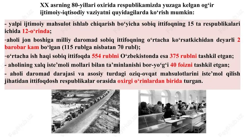 halok bo‘ladi. quvg‘in qilingan mesxeti turklarning umumiy soni 115,5 ming nafar bo‘lgan. ularni avvaliga maxsus baraklarga, palatkalarga joylashtirishadi. farg'ona voqelariga oid ma'lumotlar farg'ona voqealarida mingga yaqin kishi jarahotlanishi. sakkiz yuzga yaqin uyga o't qo'yilishi. davlat va jamoat idoralariga zarar keltirilish. ommaviy to'polon va chiqishlarda o'ttiz mingga yaqin odam ishtirok etishi. etkazilgan ziyon bir necha mlndan oshib ketishi. o'zbek milliy liboslarini kiyib olgan boshqa millat vakillari maxsus tayyorgarlik asosida mesxeti turklari va boshqa millat vakillariga qarshi ig'vo va bo'xtonlarni tarqatib, sodda olomonni g'alayonga keltirishga uringan va bunga bir muncha erishgan ham. xx asrning 80-yillar oxirlarida iqtisodiy, ijtimoiy-siyosiy inqiroz jarayonlarining kuchayishi va betayinlikni avjiga chiqishi; 1989 yil may oyi oxirlarida farg'ona (vodiysida) viloyati janjal to'polonlar alangasida qolishi; (toshloq tumani, marg'ilon va qo'qonda) maqsad: o'zbekistonda beqaror vaziyatni vujudga keltirish, butun o'rta osiyoda fuqarolar urishi, qonli fojialarni vujudga keltirish, shu tariqa sobiq ittifoqni saqlab qolishga urinishdek g'oyaviy-mafkuraviy maqsadlar yotgan edi. farg'ona voqealarining tub sabablari …