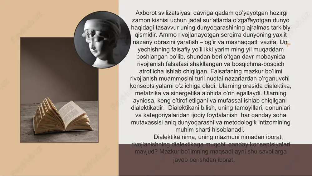fiq tashkil etuvchi kundalik, ijtimoiy yoki kasbiy harakatlarning muayyan shakli, ko’rinishi. o’smir va o’spirinlar faoliyatining asosiy turlariga o’yin, o’qish va mehnat kiradi. ular yo’nalishiga ko’ra bilishga doir, ijtimoiy, sport, badiiy, texnik, hunarmandchilik hamda shaxsiy qiziqishga ko’ra tanlangan sohalardan iborat. faoliyatning asosiy turi – muloqotdir. insonning ijtimoiy faolligi, qobiliyati barcha muvaffaqiyatlarining garovidir. chunki har bir inson o’z mehnati, g’ayrati, intilishi bilangina faollashadi. o’qituvchi qanchalik yaxshi o’qitmasin yoki tarbiya bermasin, tariyalanuvchining o’zi harakat qilmasa, rivojlanish muvaffaqiyatli kechmaydi. zero, barcha ma’naviy-axloqiy kamchiliklarning asosiy sababi ham insonning o’z faoliyatini to’g’ri yo’lga qo’ymaganligidadir. falsafa kategoriyalari 05 kategoriyalar «izohlash», «tushuntirish», «ko‘rsatish», degan ma’nolarni anglatadi mohiyat va hodisa, mazmun va shakl, miqdor va sifat, sabab va oqibat, zarurat va tasodif, imkoniyat va voqe’lik shular jumlasidandir. 1) ob’ektiv vokelikning in’ikosi; 2) narsa va hodisalarning o‘zaro bog‘lanish va aloqadorligini mantiqiy umumlashtiruvchi bilish usuli; 3) narsa va hodisalarning rivojlanishi bilan o‘zgarib turuvchi mantiqiy tushuncha; 4) borliqning mavjudligidan kelib chiqadigan tarixiy …