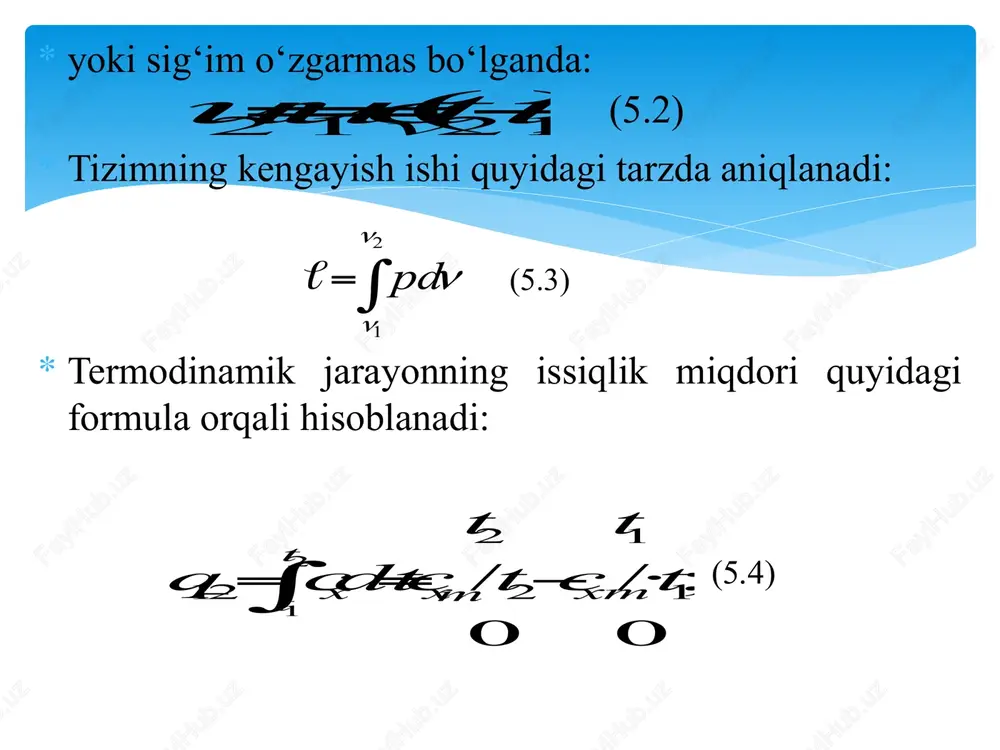 i uchun, shu tizim entropiyasining o‘zgarishi ds=dqa/t=0 bo‘ladi. demak, tizimda kechadigan jarayon adiabatik bo‘lsa, bunday termodinamik tizimning entropiyasi o‘zgarmasdir, ya’ni s=const. adiabata tenglamasini keltirib chiqaraylik. termodinamikaning birinchi qonuni tenglamasidan dq=0 bo‘lganda: cpdt-vdp=0 va cvdt+pdv=0. birinchi tenglamani ikkinchisiga bo‘lib, quyidagini hosil qilamiz: oxirgi tenglamani k=const (cp=const va cv=const) deb hisoblab integrallaymiz: yuqoridagi tenglamani potentsirlasak: (v2/v1)k=p1/p2 yoki p1v1k=p2v2k hosil bo‘ladi. politrop jarayon tizim (ideal gaz) ning solishtirma issiqlik sig‘imi (c=const) o‘zgarmas bo‘lgan termodinamik jarayon politrop jarayon deyiladi. jarayon egri chizig‘i politropa deyiladi (5.5-rasm). termodinamik jarayon ta’rifidan ko‘rinib turibdiki, asosiy termodinamik jarayonlar: izotermik, izoxorik, izotermik va adiabatik jarayonlar o‘zgarmas sig‘imda kechsa, ular politrop jarayonning xususiy holi bo‘ladi. politrop jarayonning issiqlik miqdori jarayon issiqlik sig‘imi c va boshlang‘ich hamda oxirgi holat temperaturalari farqi t1-t2 ko‘paytmasi orqali ifodalanishi mumkin. q=c(t2 – t1) va dq=cdt (5.26) politrop jarayonning tenglamasini termodinamikaning birinchi qonuni tenglamasidan keltirib chiqarish mumkin: dq=cdt= cpdt –vdp va dq=cdt=cvdt+pdv shu tenglamalardan: (c-cp) / (c-cv)= …