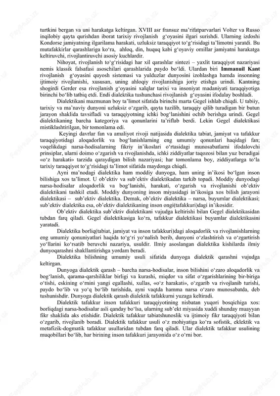 tirik organizmlarning tashqi muhitga moslashuvi, tabiiy va sun’iy tanlanish jarayonida es​ki, sodda turlar o‘rniga yangi, murakkabroq turlarning paydo bo‘lib, takomillashib borishida ifodalanadi. odamning rivojlanishi uning mehnat, til, ong va ahloq ta’siri ostida ijtimoiy zot – insonga aylana borishi, nihoyat, hozirgi zamon kishisi darajasigacha bosib o‘tilgan bosqichlarni qamraydi. jamiyat hayotida progress tomon rivojlanish bir quyi ijtimoiy-iqtisodiy bosqichdan unga nisbatan yuqoriroq bosqichlarga o‘tib borishi asosida ro‘y beradi. inson tafakkuri jarayonida rivojlanish inson bilishining bilmaslikdan bilishga, to‘la bo‘lmagan bilimlardan to‘laroq bilimlarga, oddiy bilishdan ilmiy bilishga tomon yuksalib borishidir. umuman, rivojlanish atamasi ifodalagan jarayon unchalik sodda emas. unda muayyan davriy, progressga tomon takrorlanmas o‘zgarishlar, turli xil zigzaglar mujassam. ayniqsa, jamiyatda yuz berayotgan o‘zgarishlar tahlikali tendensiya, halokatlar xavfi bor jarayonlarni ham o‘z ichiga olishini to‘g‘ri anglab, to‘g‘ri xulosa chiqarishda yangicha fikrlash zarur. masalan, oqibatini o‘ylamay tabiat boyliklarini talon-taroj qilish bugungi kunda tabiat umumiy tanazzuli xavfini tug‘dirdi. rivojlanish jarayoni tabiatan turlicha yo‘nalishdagi, bir-biriga qarama-qarshi va ayni …