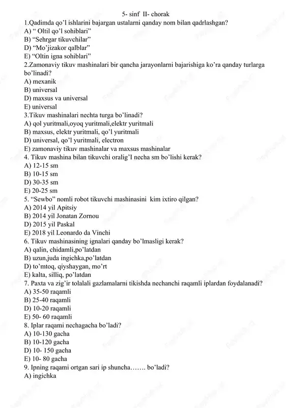 gazlama ustiga joylashtirib, kerakli detallarni olishga 13. “gavdadan o’lchov olib bichish yagona metodikasi” nechanchi asrda shakllantirildi? a) xx asr boshlarida b) xix asr o’rtalarida d) xviii asr oxirlarida e) xxi asr boshlarida 14.ishlab chiqarish korxonalarida gazlamani bichish jarayoni vakuum ostida bir necha qavat qilib bajariladi, bu jarayon xalq tilida nima deb ataladi? a) “ qatlama eskiz” b) “qatlama xamir” d) “qatlama manti” e) “ qatlama konstruksiya” 15. gavdadan olingan qaysi o’lchovlarning teng yarmi yoziladi? a) aylana o’lchovlari b) uzunlik o’lchovlari d) barcha o’lchovlar e) kenglik o’lchovlari 16. qaysi o’lchovlar o’ng tomondan olinadi? a) ko’krak aylanasi, bel aylanasi, bo’ksa aylanasi b) kiyim uzunligi, orqa kenglik,bilak aylanasi d) yelka, yeng, kiyim uzunligi 17. yaxlit bichimli fartuk tikish uchun nechta o’lchov olinadi? a) 6 ta b) 3 ta d) 4 ta e) 5 ta 18. qayerda 3d kamerali jihozlangan skaner apparati ixtiro qilingan? a) angliya b) amerika d) qadimgi rim e) xitoy 19. …