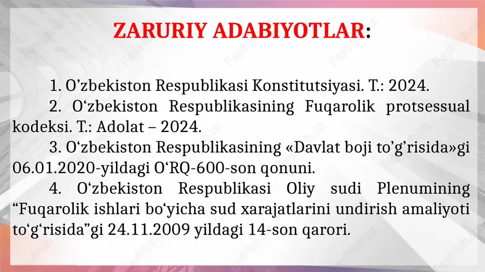 ; 8) to'lovlarni yoki pul berishni to'xtatish to'g'ri-sidagi da'volar bo'yicha — qolgan to'lovlar yoki pullar yig'indisiga, lekin ko'pi bilan bir yillik yig'indisiga qarab; 9) mol-mulk ijarasi shartnomasini muddatidan ilgari bekor qilish haqidagi da'volar bo'yicha — shartnoma amal qili-shining qolgan muddatida mulkdan foydalanish uchun to'lanadigan to'lovlarning yig'indisiga, lekin ko'pi bilan uch yil ichidagi to'lov-larning yig'indisiga qarab; 10) xususiy mulk huquqi asosida fuqa-rolarga tegishli imo-ratlarga egalik huqu-qi to'g'risidagi da'vo-lar bo'yicha, tashkilot-larga qarashli imo-ratlar bo'yicha esa — imoratning bozor qiy-matiga qarab, lekin bu miq-dor kadastr qiymatidan, bunday baho bo'lmagaanida esa, majburiy sug'urta baho-sidan kam bo'lmasligi ke-rak, imoratlarning haqi-qiy bahosidan kam bo'lmas-ligi kerak. fuqarolik ishlari bo‘yicha sudlarda davlat bojini to‘lashdan ozod qilish da’vogarlar ish haqini undirish to‘g‘risidagi da’volar va mehnat huquqlari munosabatlaridan kelib chiqadigan boshqa talablar yuzasidan da’vogarlar alimentlar undirish to‘g‘risidagi da’volar yuzasidan fuqarolik ishlari bo‘yicha sudlarda davlat bojini to‘lashdan ozod qilish da’vogarlar mehnatda mayib bo‘lganligi yoki sog‘lig‘ining boshqacha tarzda shikastlanganligi, shuningdek boquvchisi vafot …